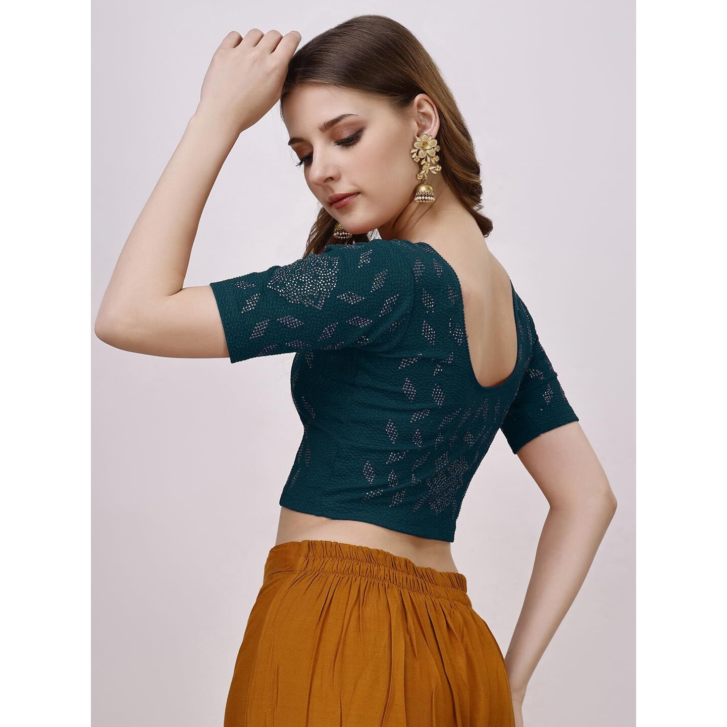 Pujia Mills Women's Readymade Hosiery Lycra Stretchable Round Neck Half Sleeve Blouse with swaroski Work Fancy Lycra Stretchable Morpeach Blouse for Women Readymade Saree Blouse