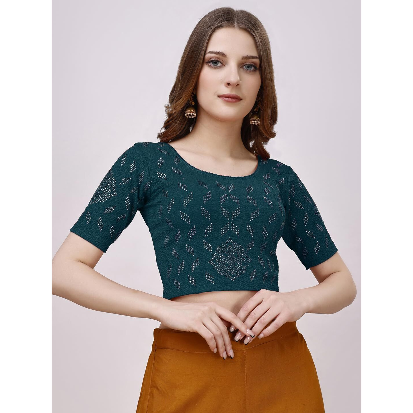 Pujia Mills Women's Readymade Hosiery Lycra Stretchable Round Neck Half Sleeve Blouse with swaroski Work Fancy Lycra Stretchable Morpeach Blouse for Women Readymade Saree Blouse