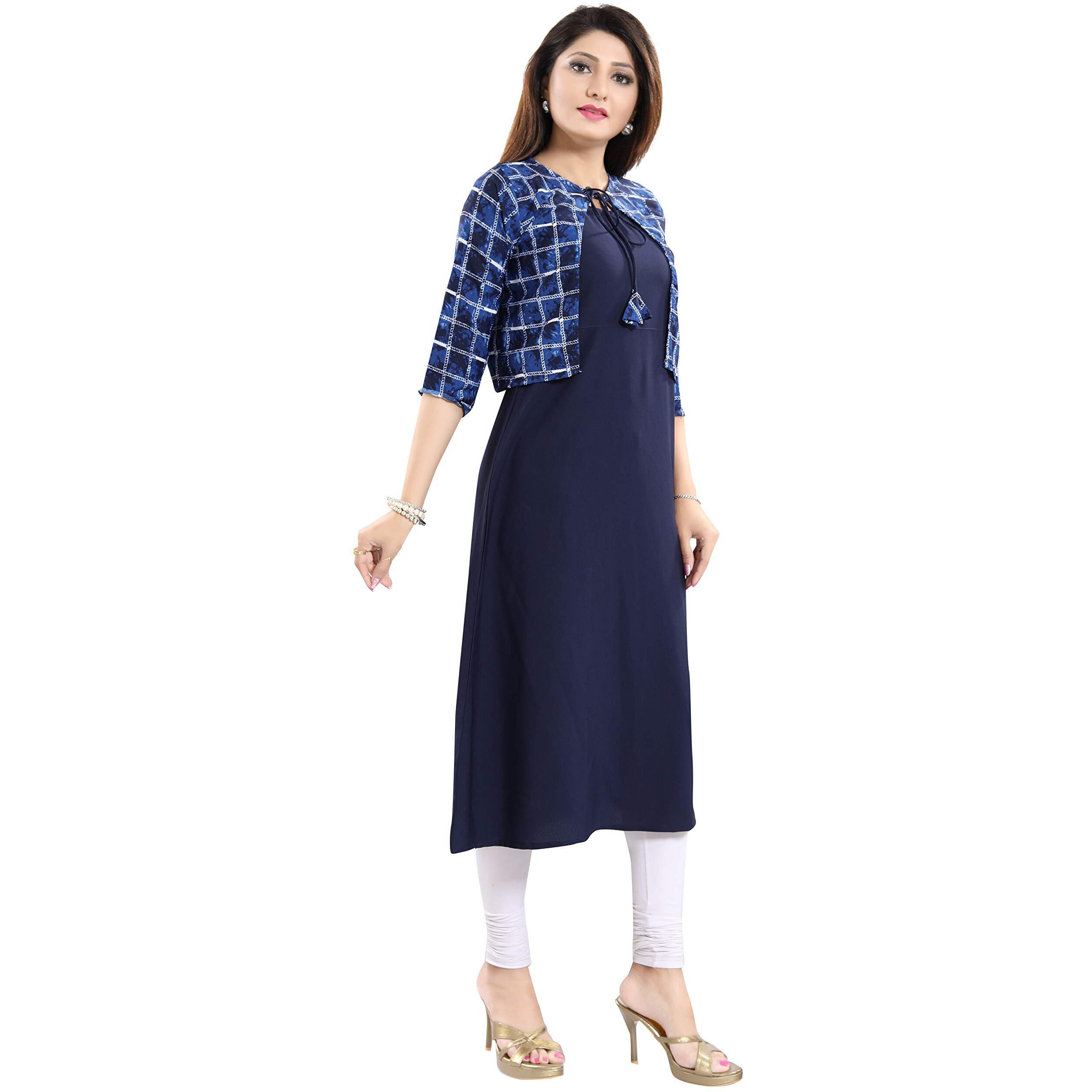ALC Creation Women's Crepe Jacket Kurta (ALC4045_Navy_L)