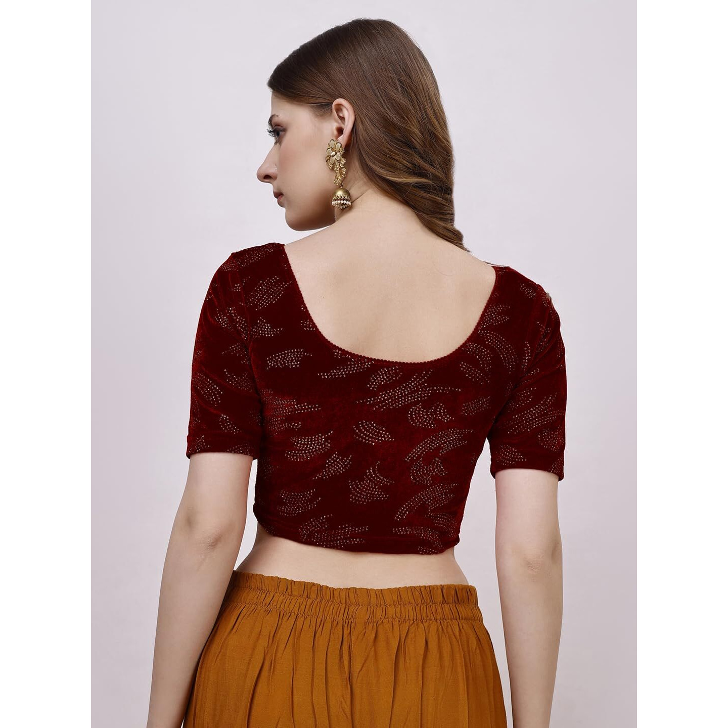 Vihu Fashion Women's Readymade Hosiery Velvet Lycra Stretchable Round Neck Half Sleeve Blouse Fancy Maroon Color Lycra Stretchable Blouse for Women Readymade Saree Blouse