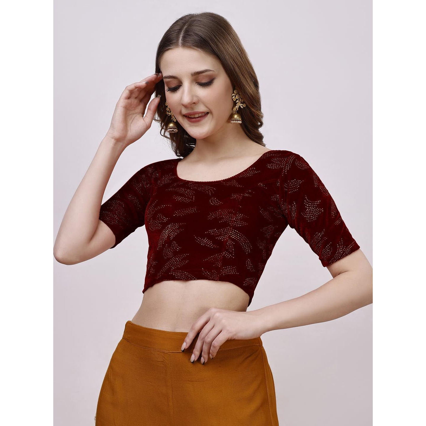 Vihu Fashion Women's Readymade Hosiery Velvet Lycra Stretchable Round Neck Half Sleeve Blouse Fancy Maroon Color Lycra Stretchable Blouse for Women Readymade Saree Blouse