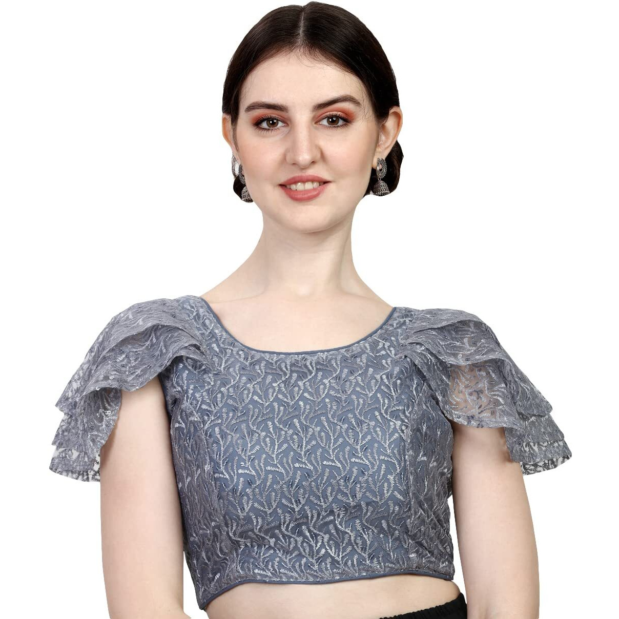Pujia Mills Women's Shifly Net Work Ruffle Sleeves Readymade Saree Blouse (sipli Blouse_Grey_38)