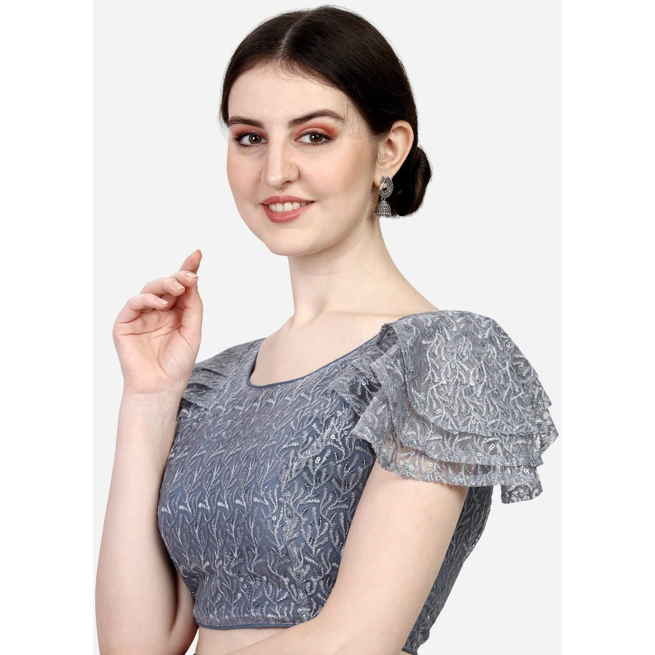 Pujia Mills Women's Shifly Net Work Ruffle Sleeves Readymade Saree Blouse (sipli Blouse_Grey_38)