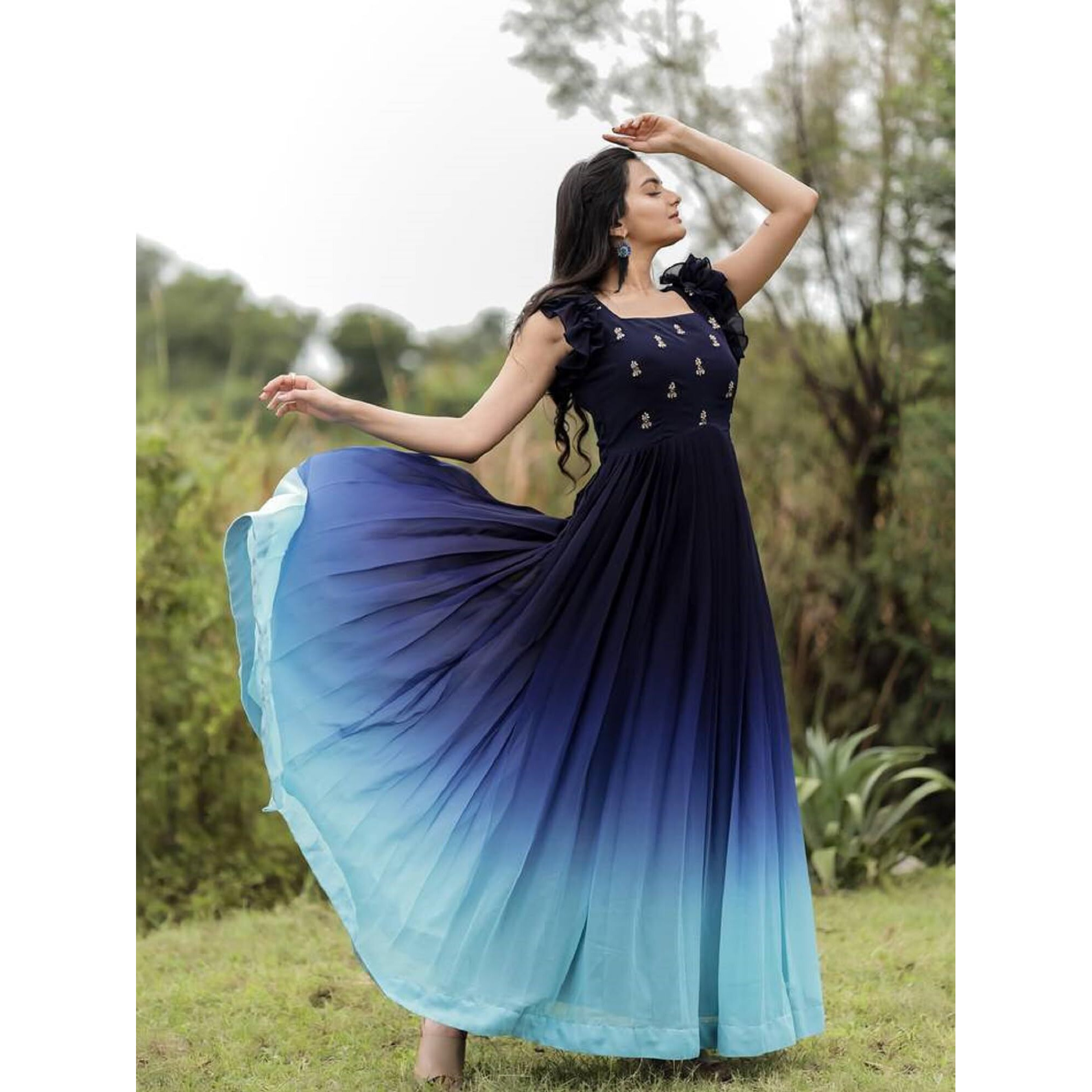 LAZZLY Traditional Ethnic Sequence Anarkali Full Length and Embroidery Work Pure Georgette Maxi Gown for Stylish Women (Large, Blue Sky)