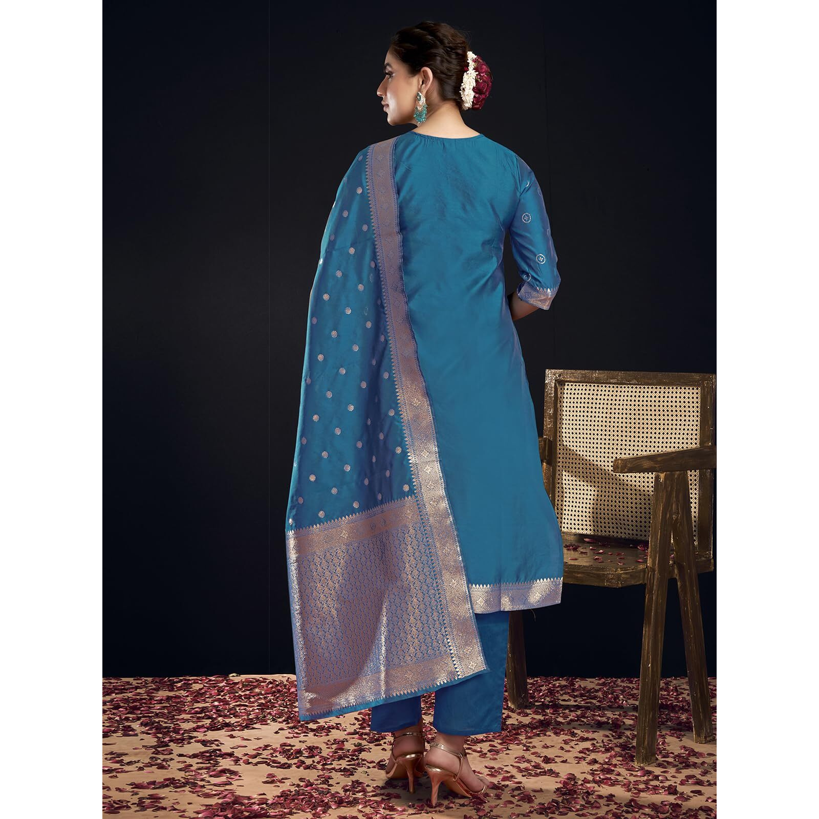 Sanisa Women's Silk Blend Jacquard Work Straight Kurta with Pant and Dupatta Set (217KBD2297NA-M_Rama Blue & Golden)