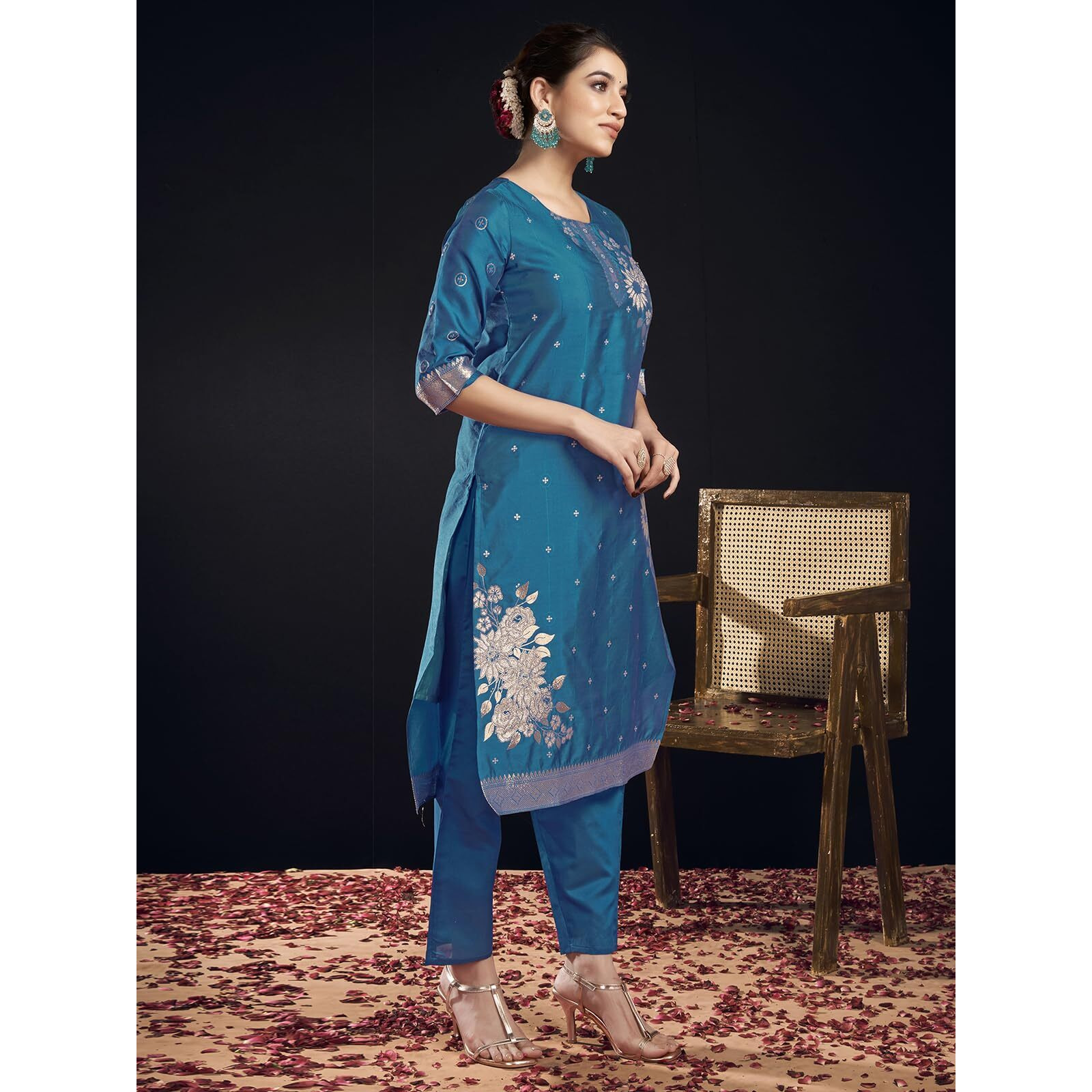 Sanisa Women's Silk Blend Jacquard Work Straight Kurta with Pant and Dupatta Set (217KBD2297NA-M_Rama Blue & Golden)