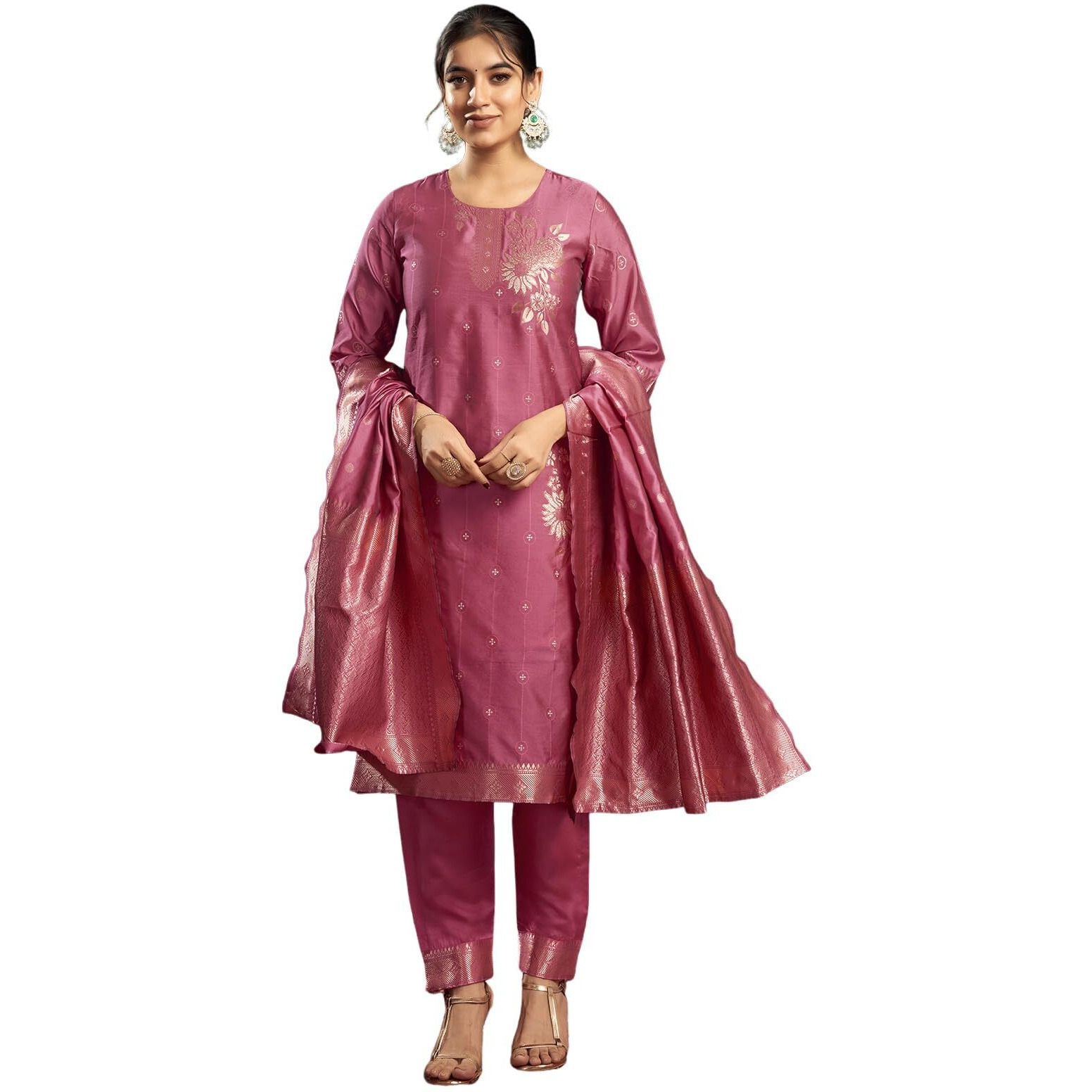 Sanisa Women's Silk Blend Jacquard Work Straight Kurta with Pant and Dupatta Set (217KBD2298NA-M_Ross Pink & Golden)