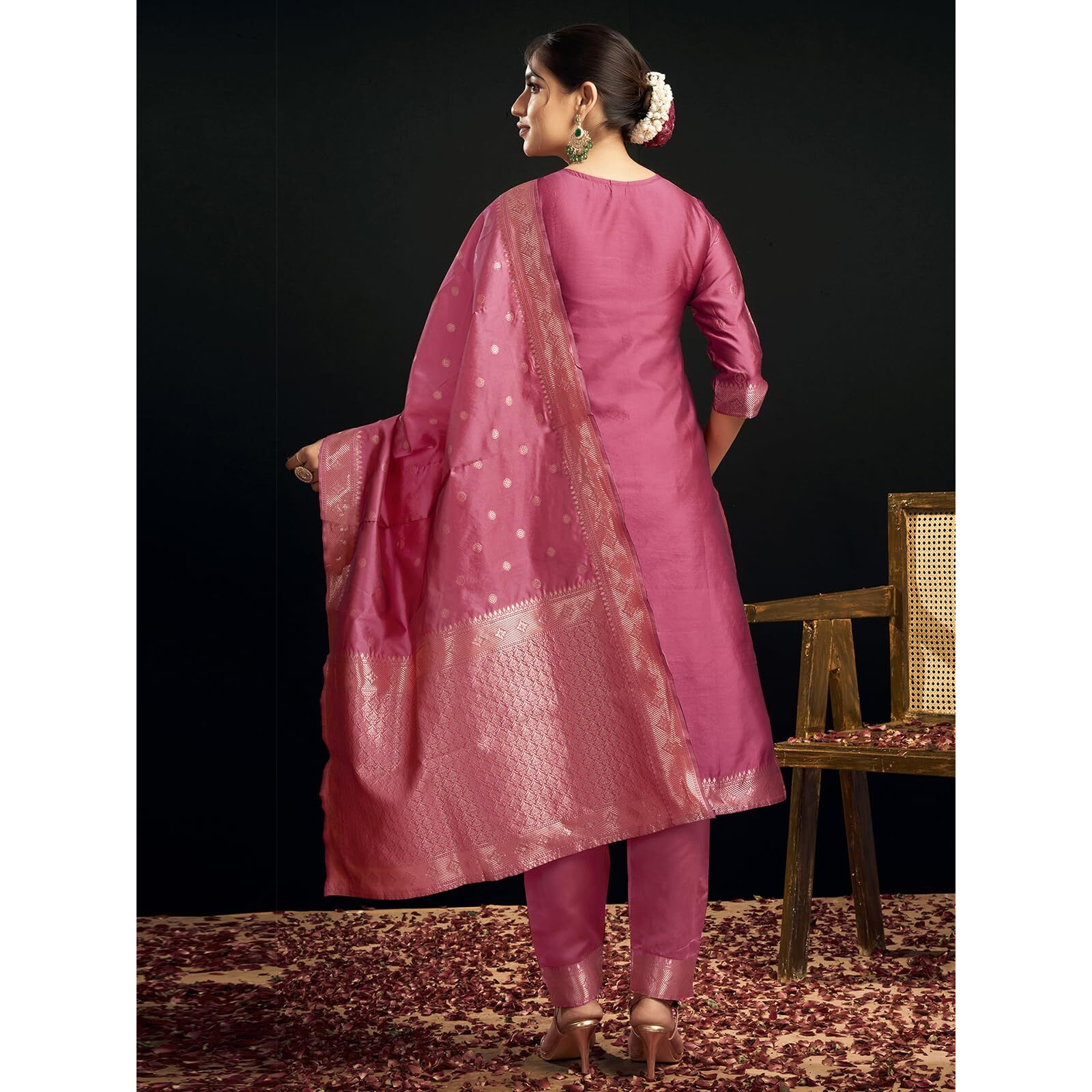 Sanisa Women's Silk Blend Jacquard Work Straight Kurta with Pant and Dupatta Set (217KBD2298NA-M_Ross Pink & Golden)