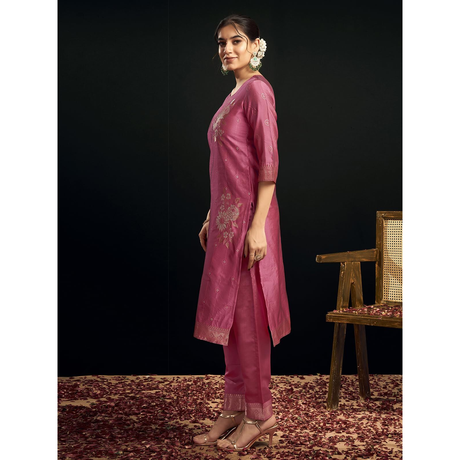 Sanisa Women's Silk Blend Jacquard Work Straight Kurta with Pant and Dupatta Set (217KBD2298NA-M_Ross Pink & Golden)