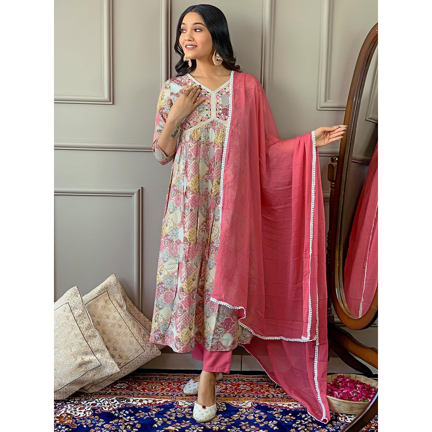 Naixa Women's Pink Viscose Rayon Printed Flared Kurta with Pant and Laced Dupatta Set
