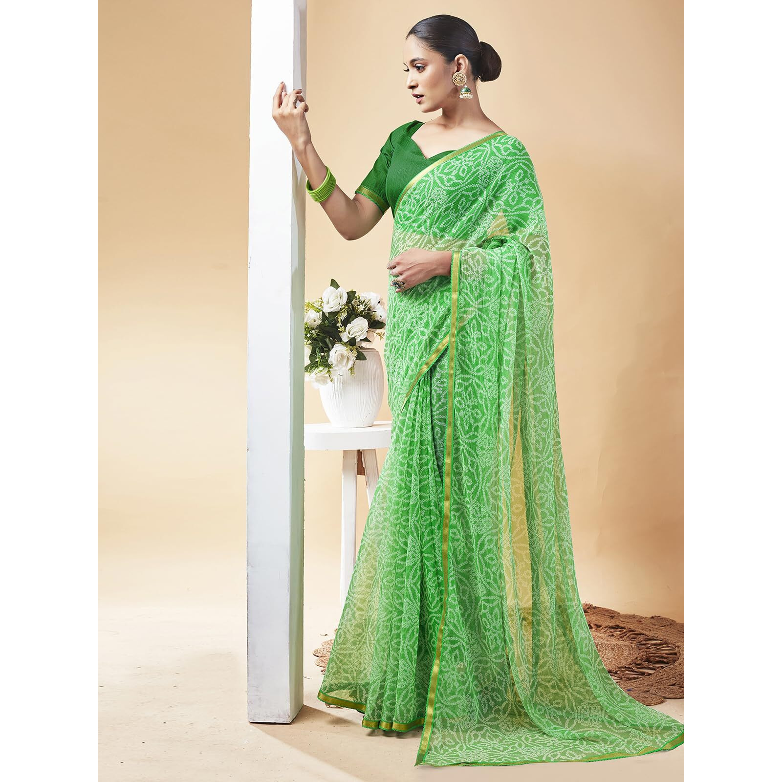 Satrani Women's Chiffon Bandhani Printed Saree with Unstitched Blouse Piece (3698S123N_Green)