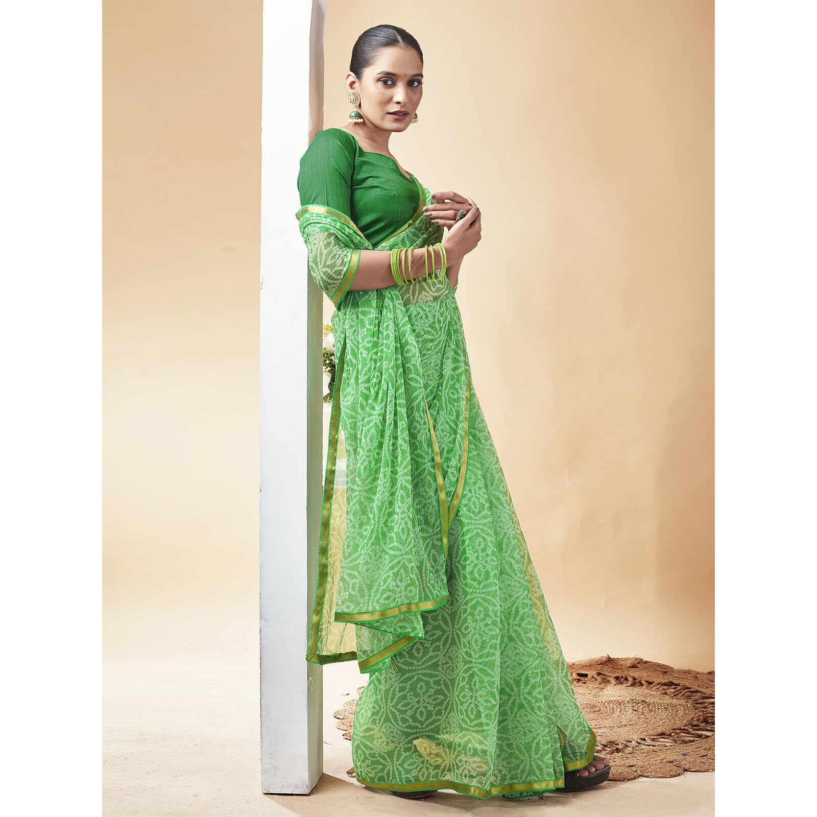 Satrani Women's Chiffon Bandhani Printed Saree with Unstitched Blouse Piece (3698S123N_Green)