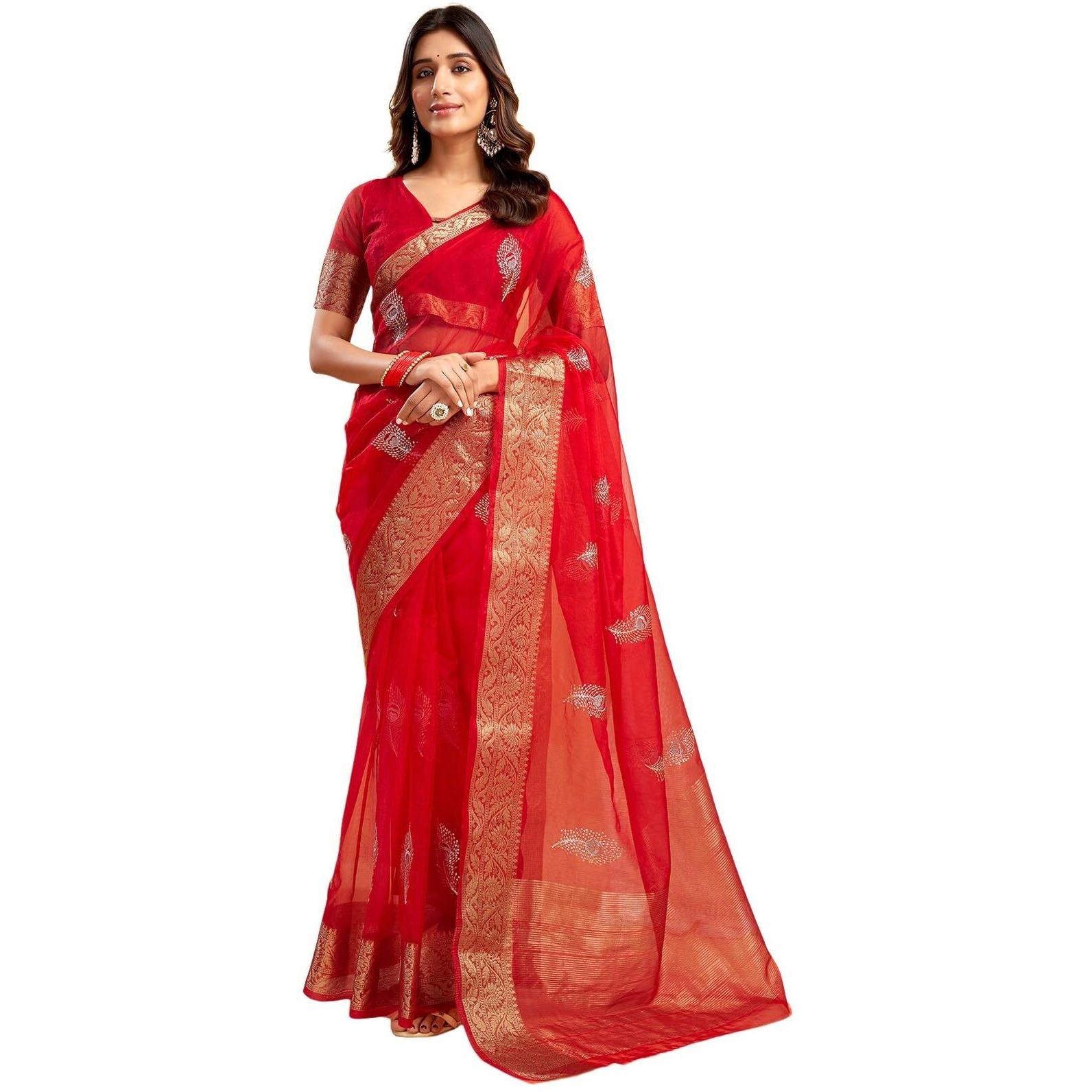 Satrani Women's Organza Sequins Embroidery Jacquard Saree with Unstitched Blouse Piece (4031S656N_Red)