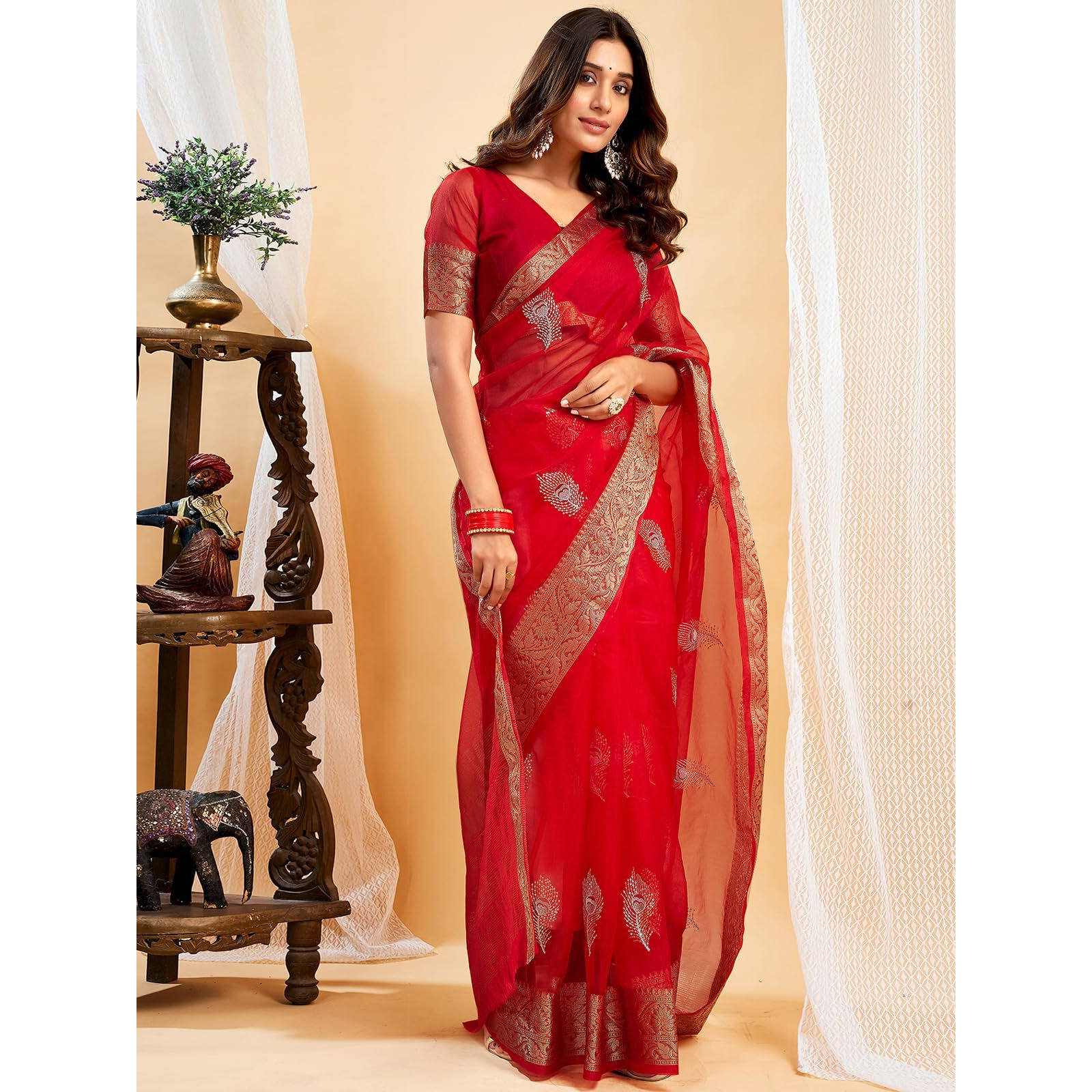 Satrani Women's Organza Sequins Embroidery Jacquard Saree with Unstitched Blouse Piece (4031S656N_Red)