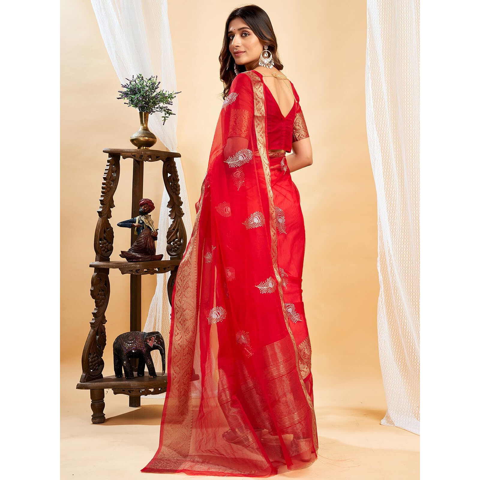 Satrani Women's Organza Sequins Embroidery Jacquard Saree with Unstitched Blouse Piece (4031S656N_Red)