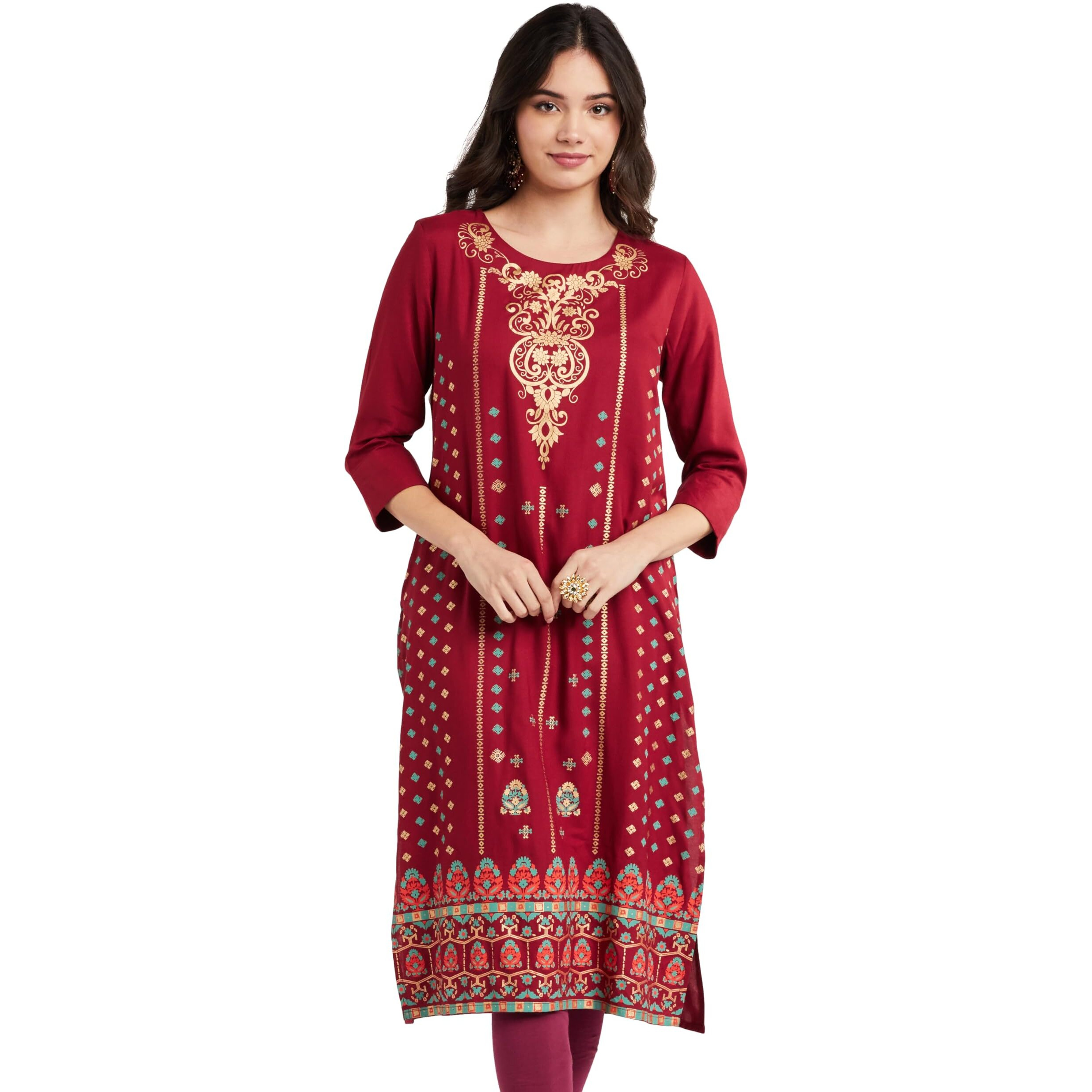Amazon Brand - Myx Women's Rayon Regular Kurta (MYX-AW23-KU-06_Maroon_S)