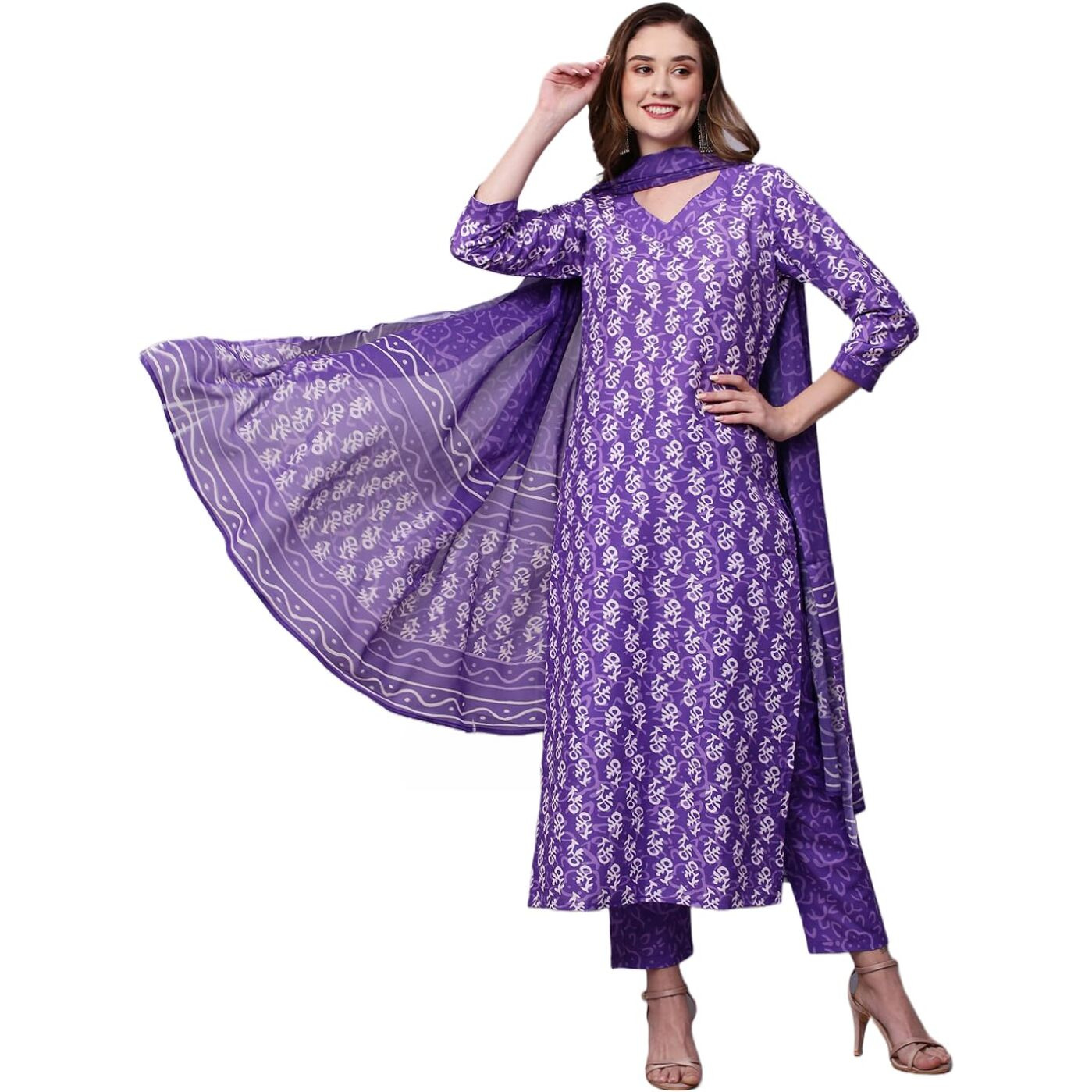 GoSriKi Women's Rayon Blend Straight Printed Kurta with Pant & Dupatta (Feedback-BEGANI-NW-GS_L_Purple_Large)
