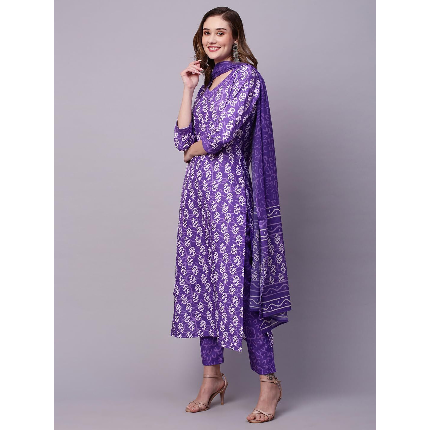 GoSriKi Women's Rayon Blend Straight Printed Kurta with Pant & Dupatta (Feedback-BEGANI-NW-GS_L_Purple_Large)