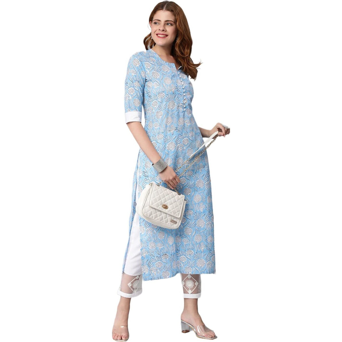 ANNI DESIGNER Women's Cotton Blend Traditional Straight Printed Kurta with Pant Set (Aneka Blue_XXL_Blue_XX-Large)