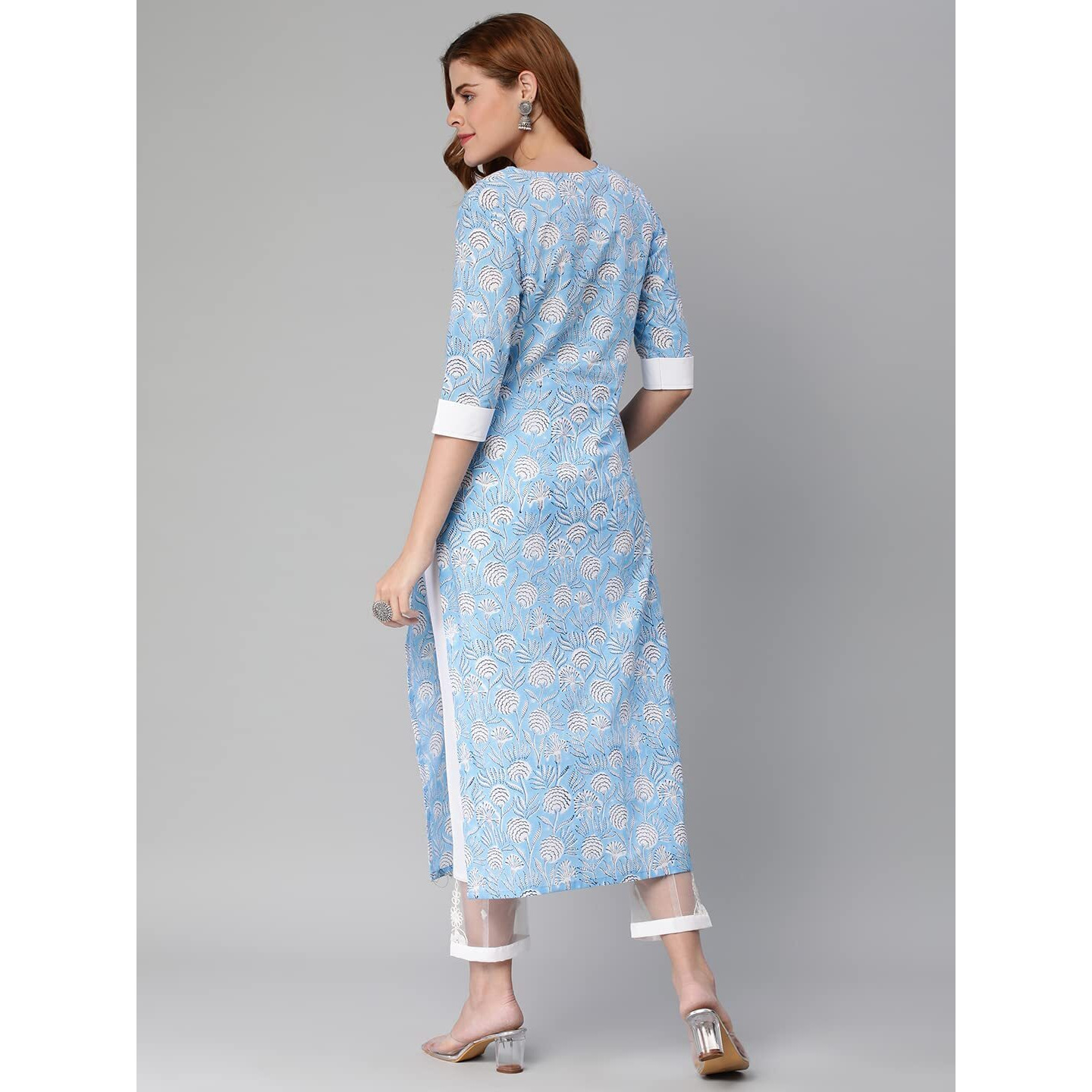 ANNI DESIGNER Women's Cotton Blend Traditional Straight Printed Kurta with Pant Set (Aneka Blue_XXL_Blue_XX-Large)