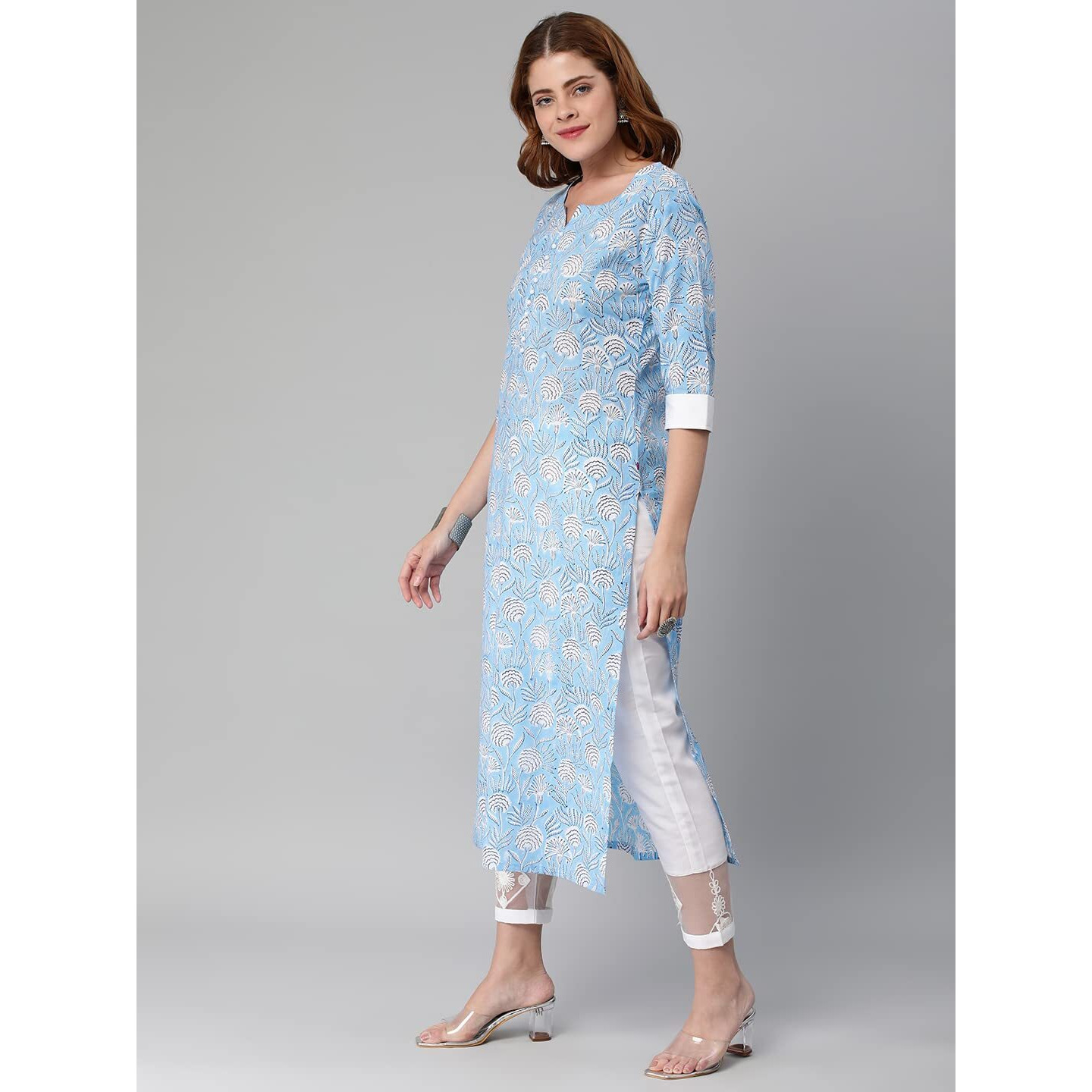 ANNI DESIGNER Women's Cotton Blend Traditional Straight Printed Kurta with Pant Set (Aneka Blue_XXL_Blue_XX-Large)