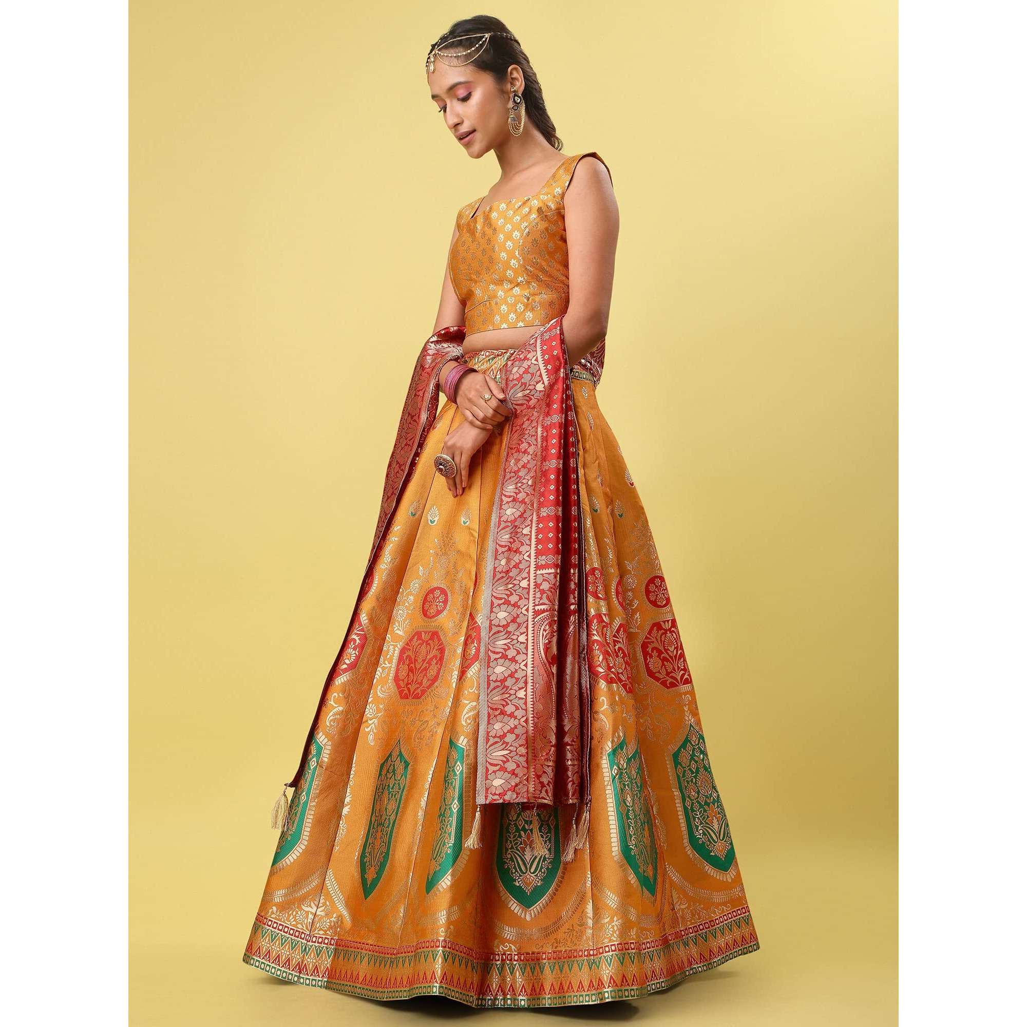 PURVAJA Women's Jacquard Semi-Stitched Lehenga choli (Khwab-Yellow_Yellow_Free Size)