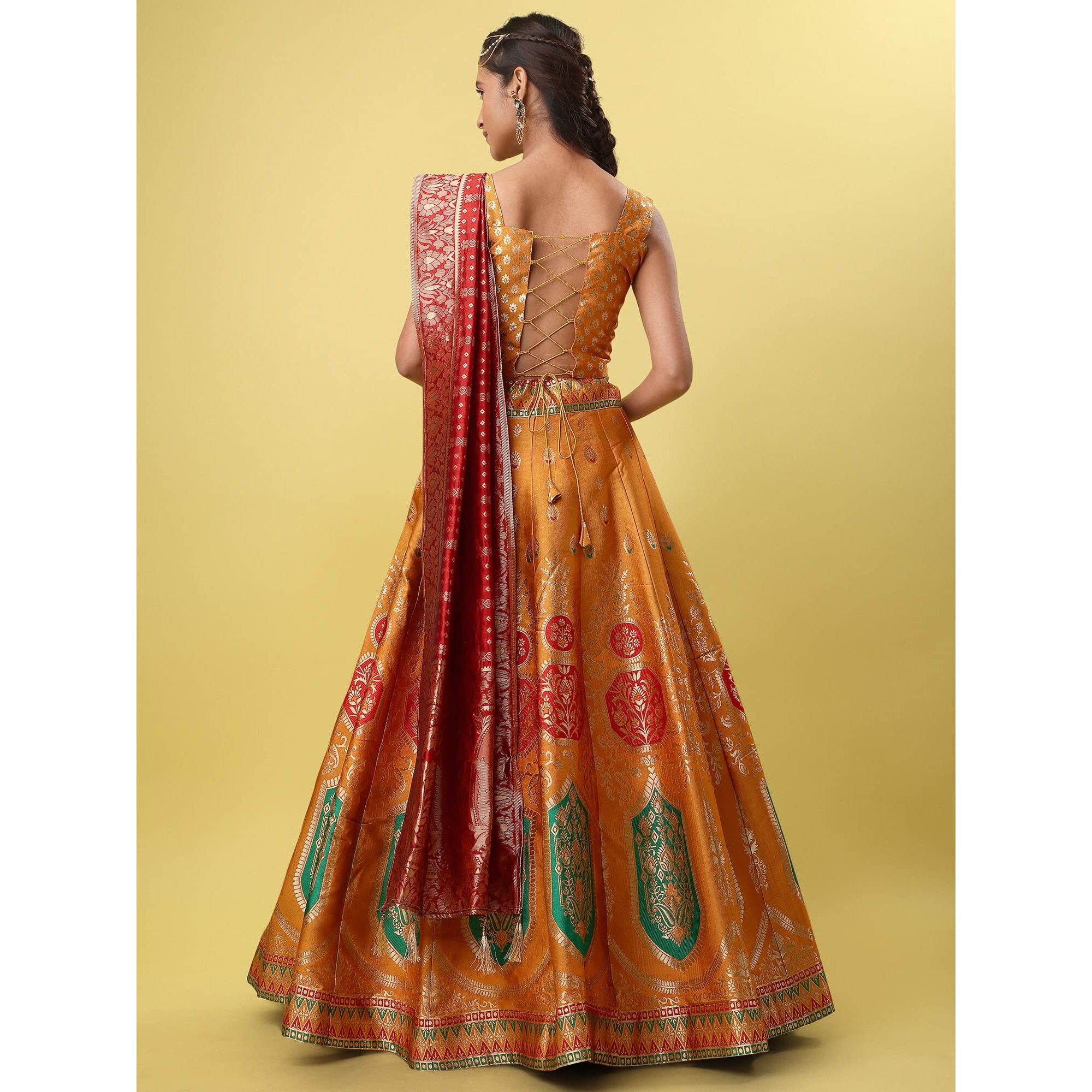 PURVAJA Women's Jacquard Semi-Stitched Lehenga choli (Khwab-Yellow_Yellow_Free Size)