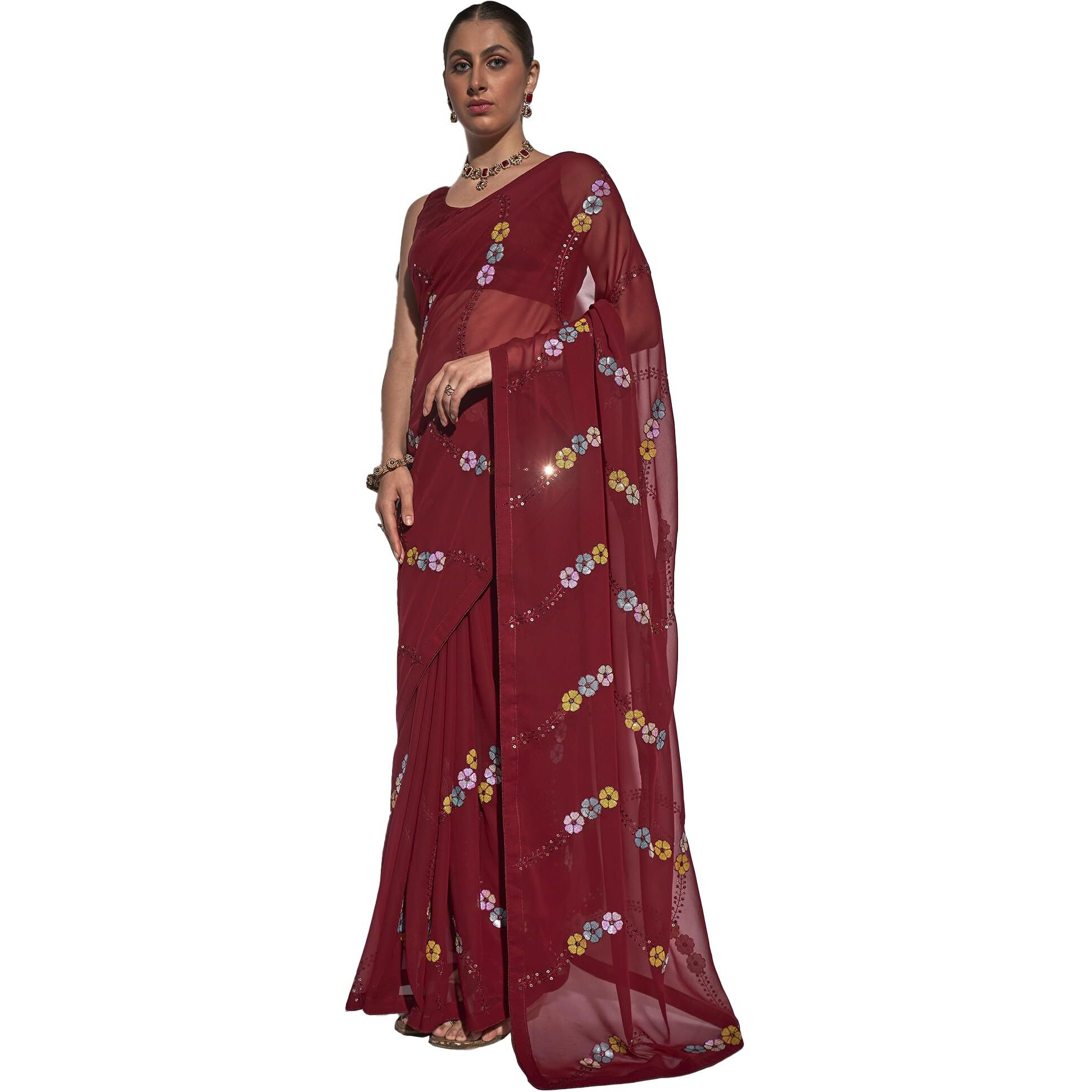 ORHANS Women's Georgette Thread Embroidered With Sequnce Work Saree With Matching Art Silk Unstitched Blouse Piece