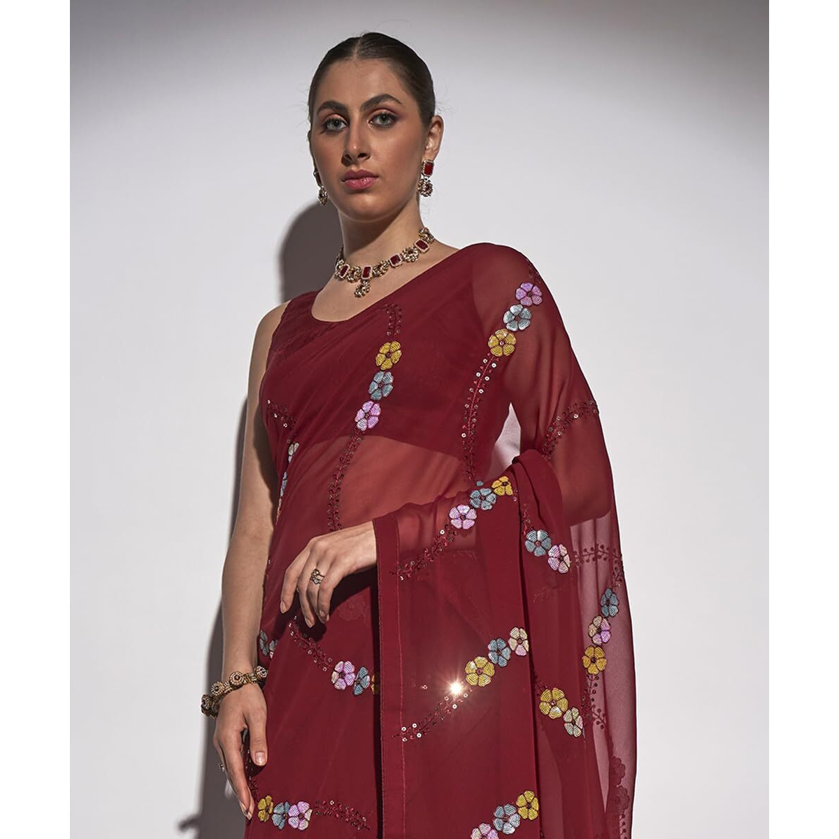 ORHANS Women's Georgette Thread Embroidered With Sequnce Work Saree With Matching Art Silk Unstitched Blouse Piece