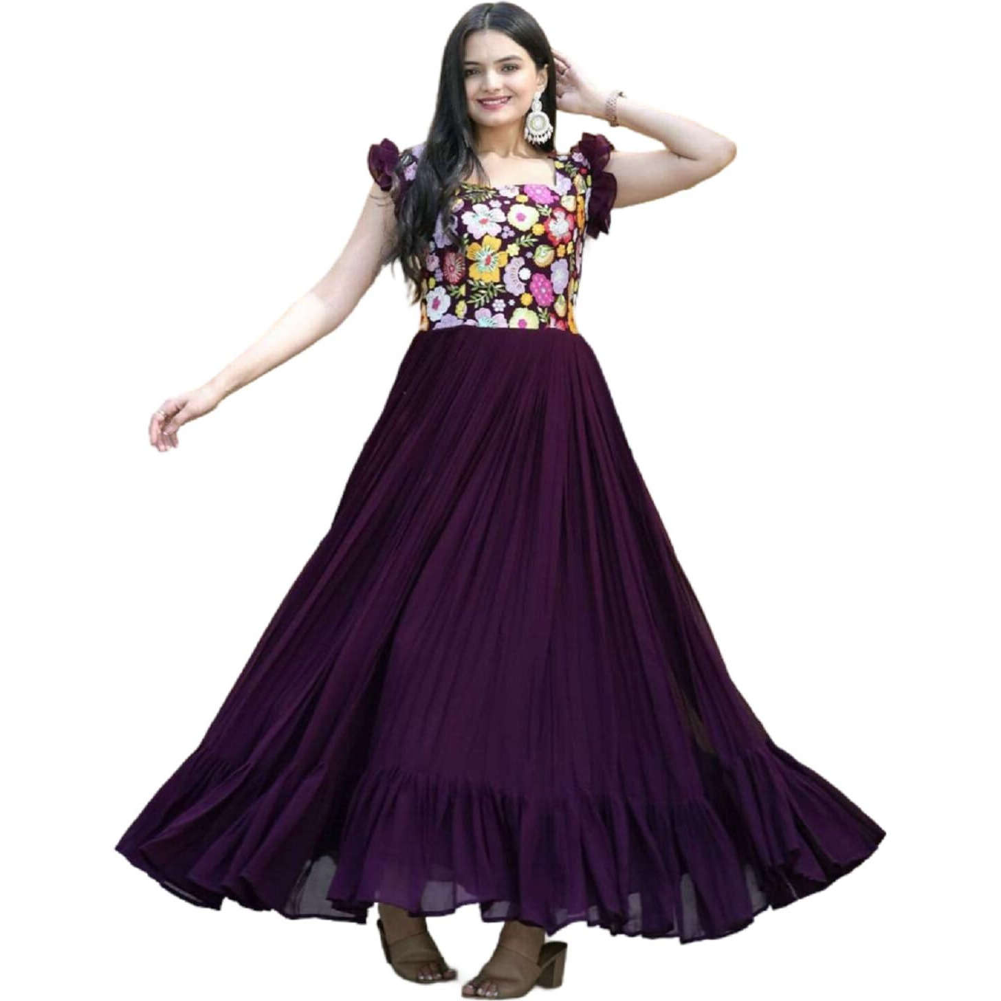 FOXDX Women's Georgette Empire Waist Ankle Length Dress (25498_Purple