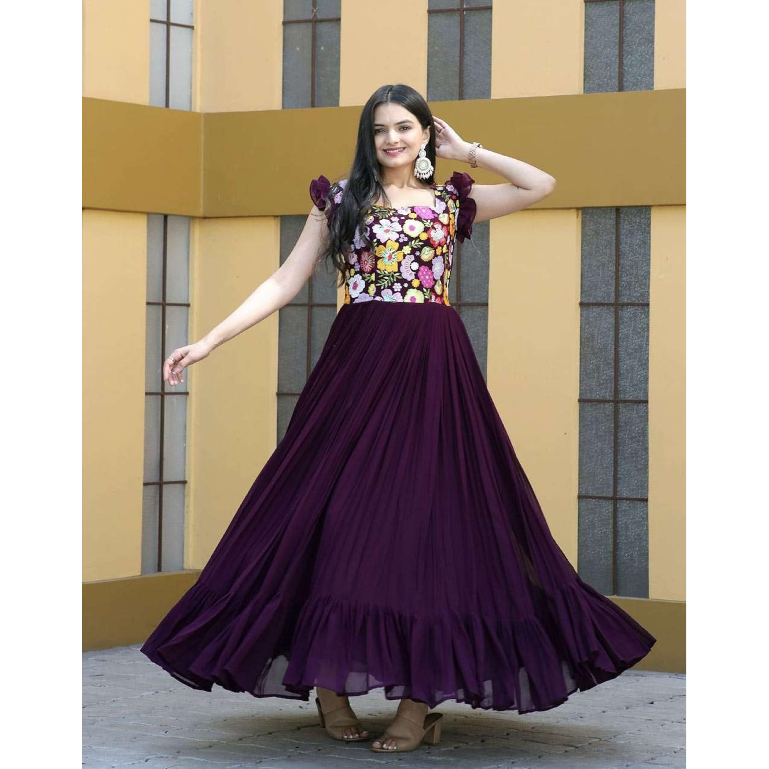 FOXDX Women's Georgette Empire Waist Ankle Length Dress (25498_Purple