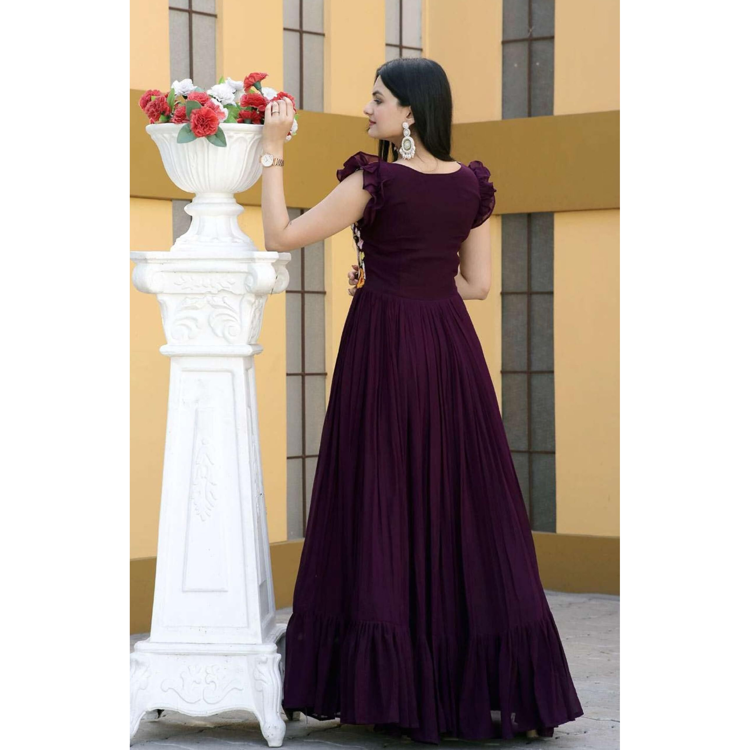FOXDX Women's Georgette Empire Waist Ankle Length Dress (25498_Purple
