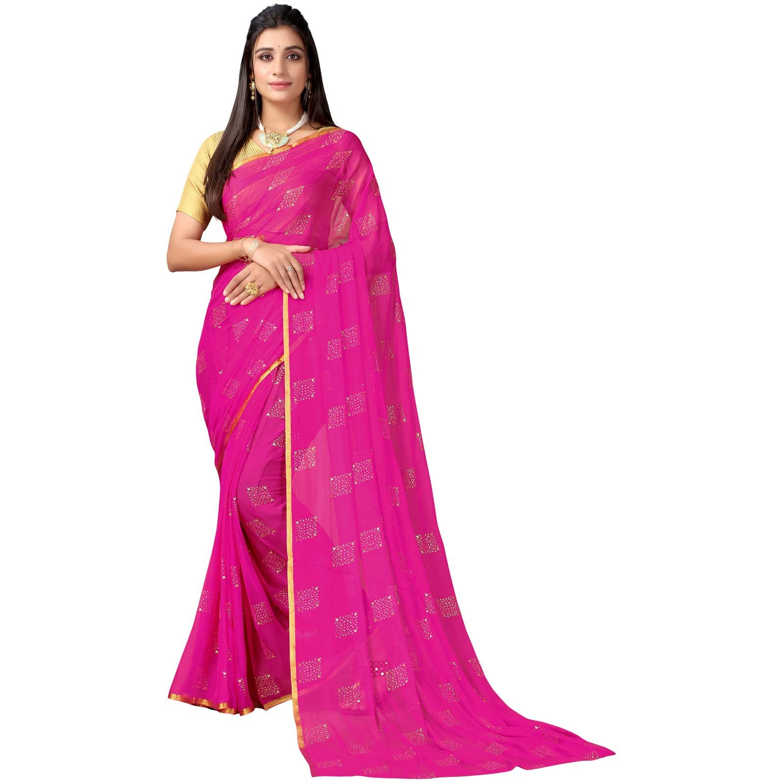 SICHI Women's Mukaish Work & Border Jari Stripes Chiffon Saree with Unstitched Blouse Piece(2394S204_Rani Pink)