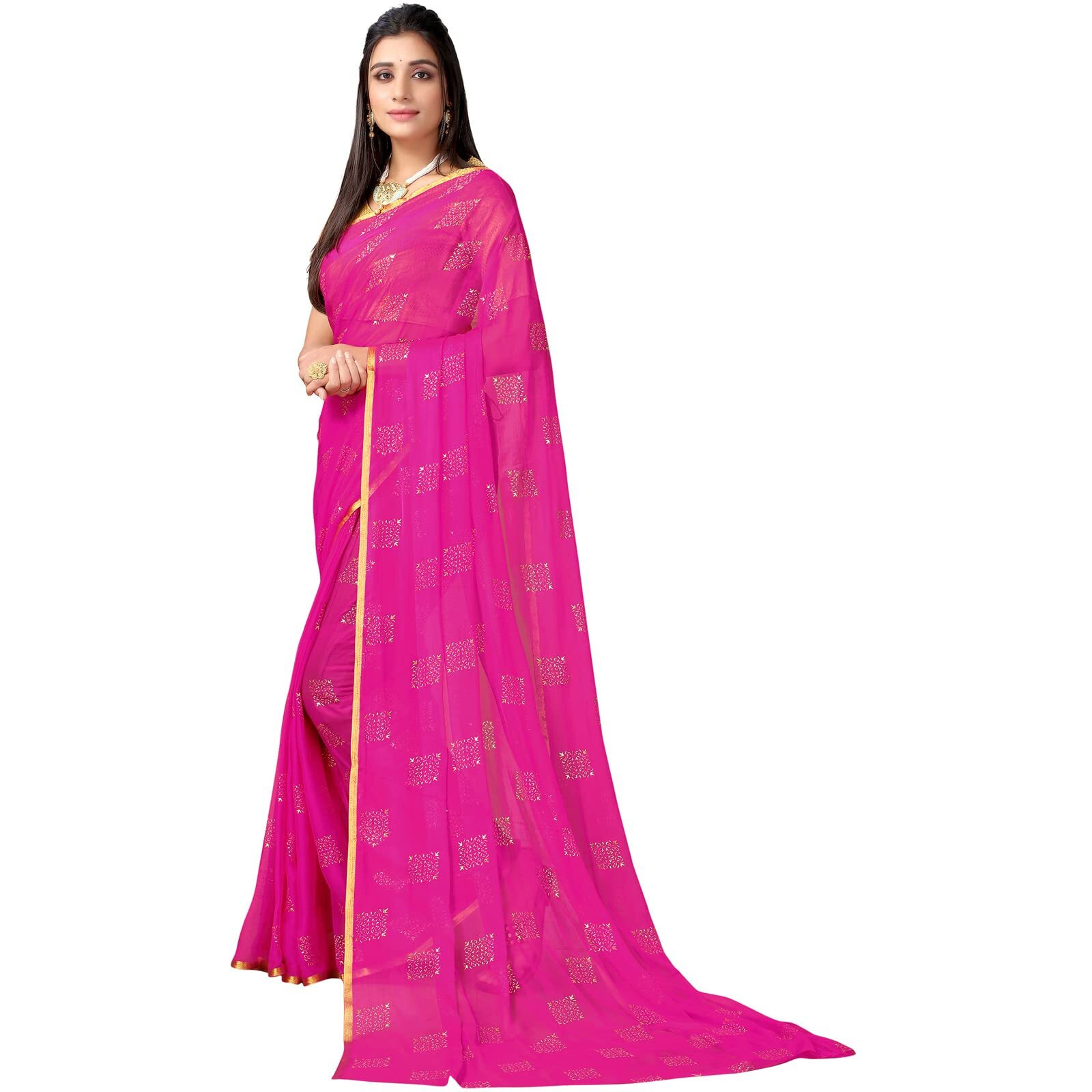 SICHI Women's Mukaish Work & Border Jari Stripes Chiffon Saree with Unstitched Blouse Piece(2394S204_Rani Pink)