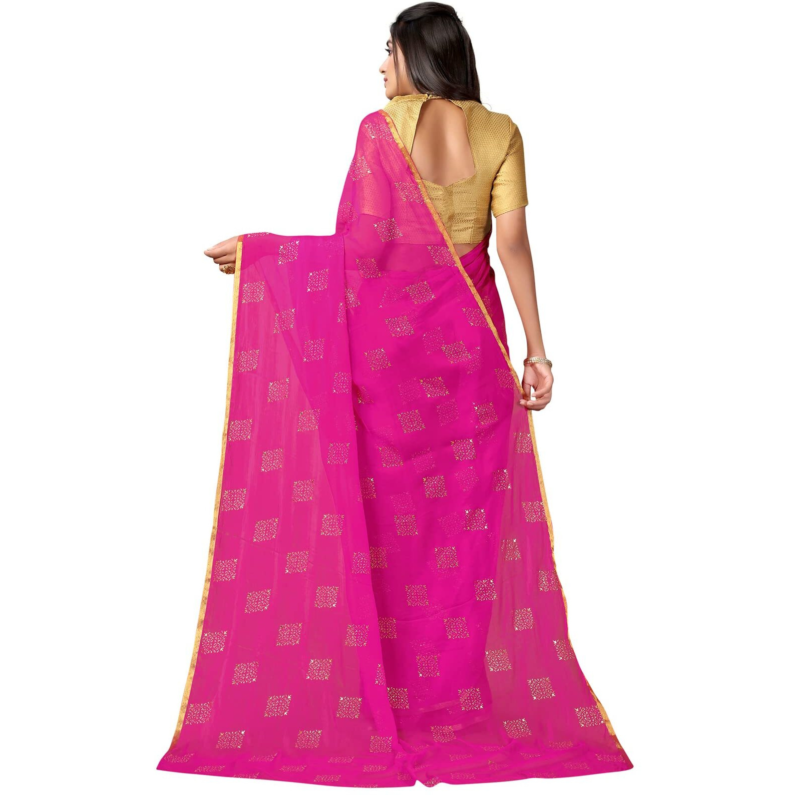 SICHI Women's Mukaish Work & Border Jari Stripes Chiffon Saree with Unstitched Blouse Piece(2394S204_Rani Pink)
