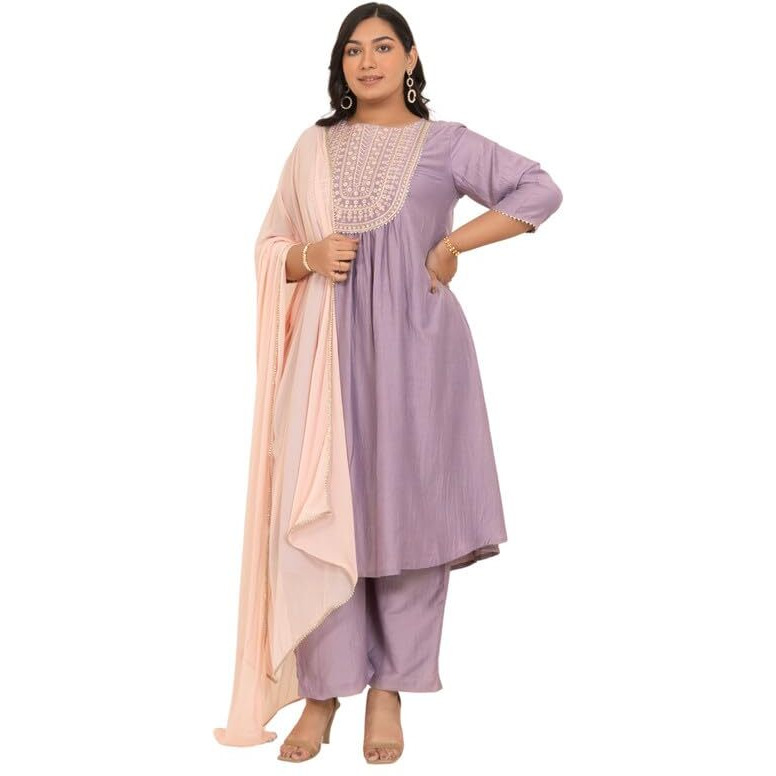 Janasya Women's Plus Size Lavender Chinnon Yoke Embroidery Panelled Kurta Set (PL1030-KR-PP-N-4XL)