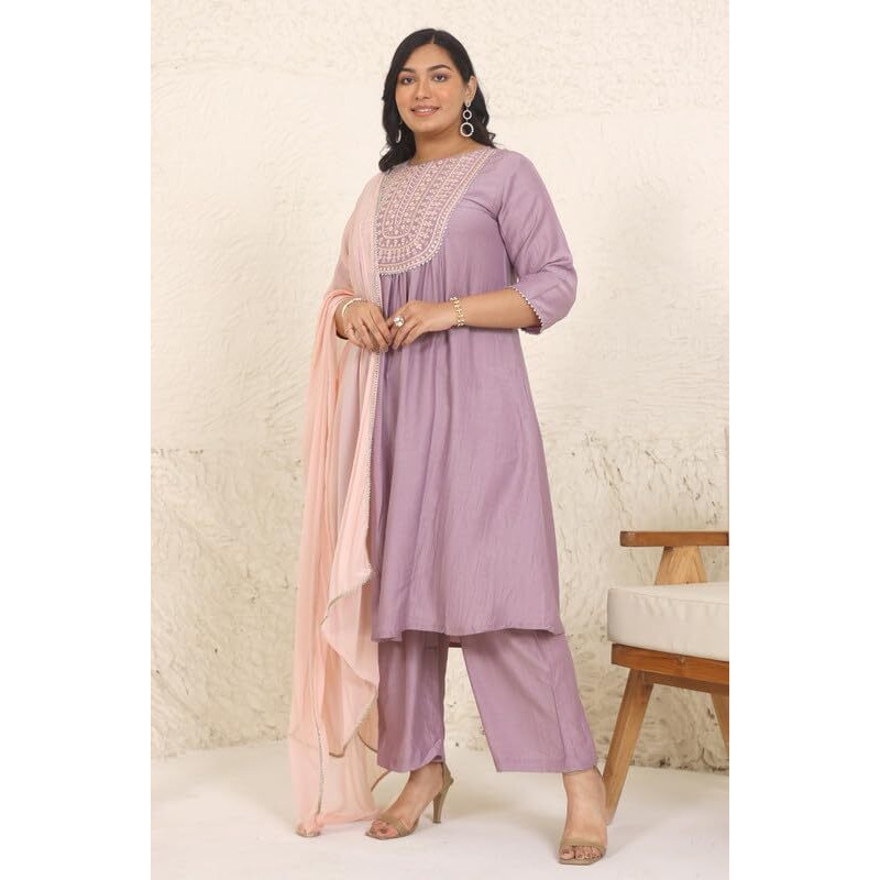 Janasya Women's Plus Size Lavender Chinnon Yoke Embroidery Panelled Kurta Set (PL1030-KR-PP-N-4XL)