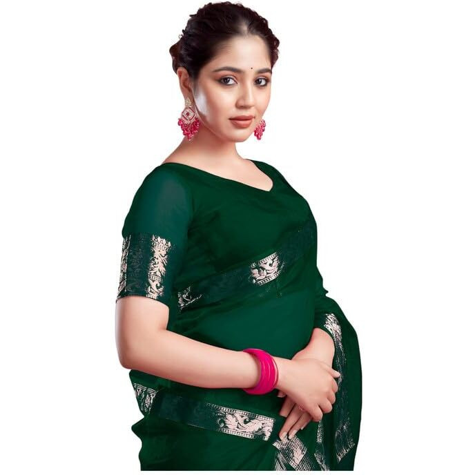 SAMAH Women's Woven Organza Saree (3644S426N_Dark Green)