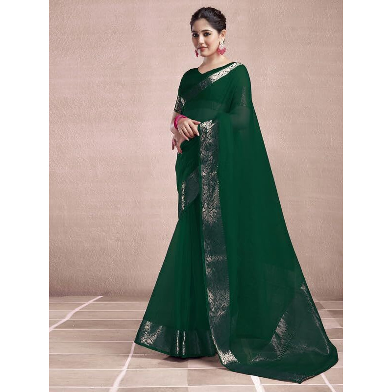 SAMAH Women's Woven Organza Saree (3644S426N_Dark Green)