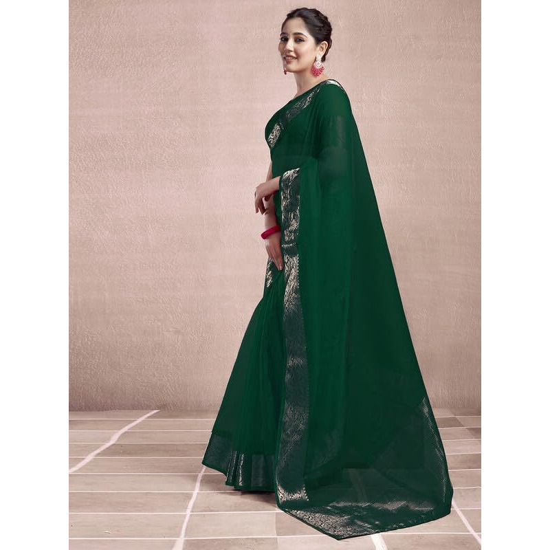 SAMAH Women's Woven Organza Saree (3644S426N_Dark Green)