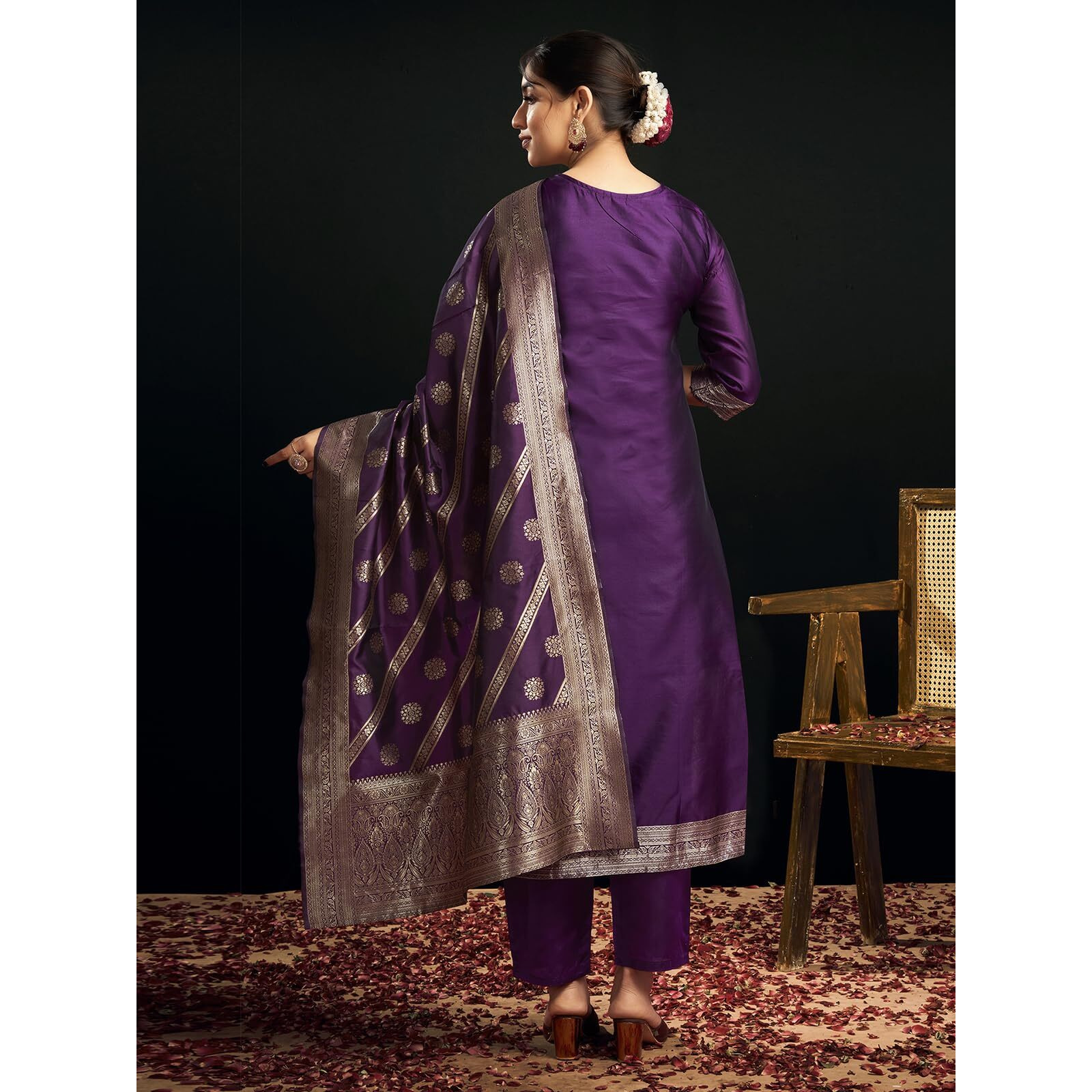 Sanisa Women's Silk Blend Jacquard Work Straight Kurta with Pant and Dupatta Set (217KBD2292NA-M_Deep Purple & Golden)