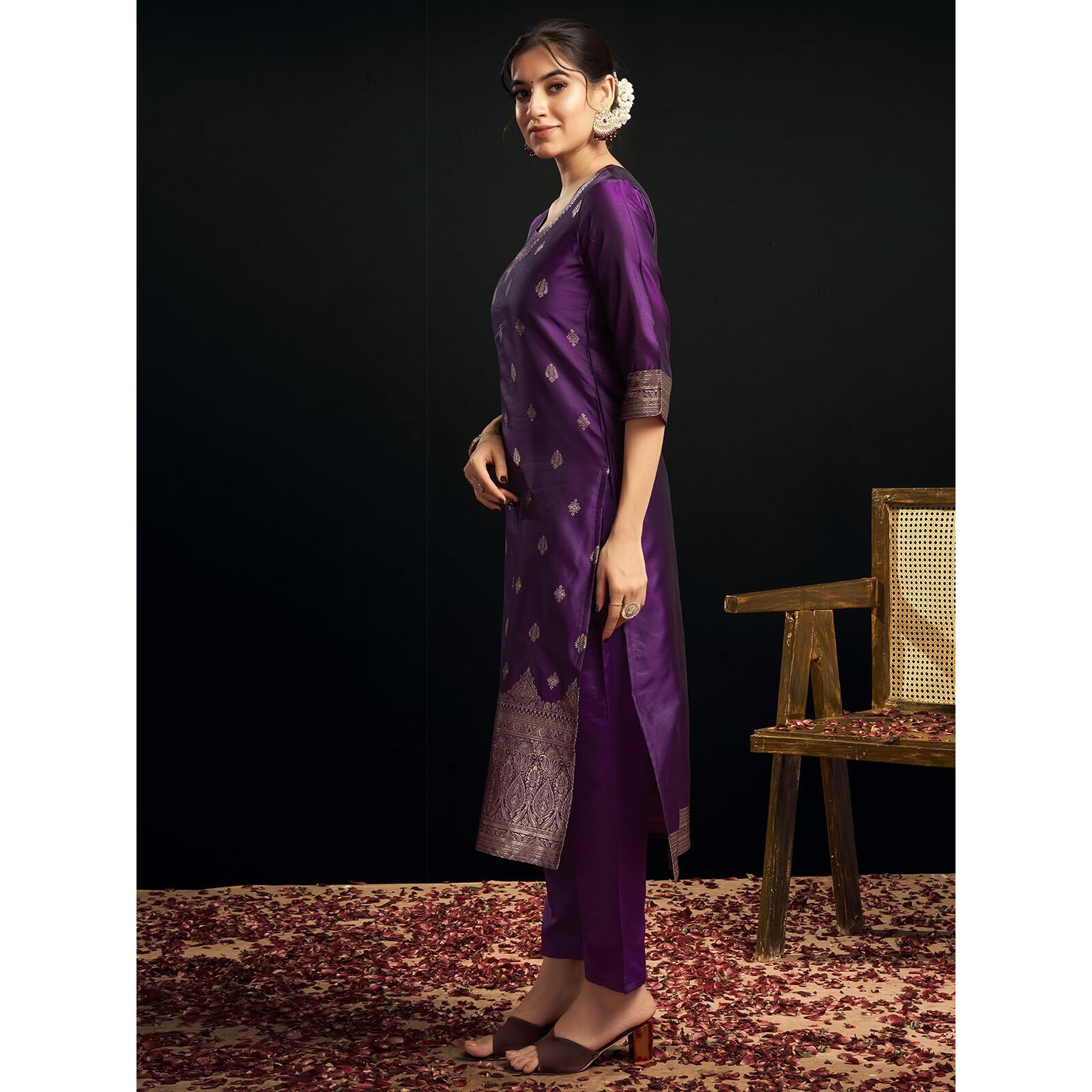 Sanisa Women's Silk Blend Jacquard Work Straight Kurta with Pant and Dupatta Set (217KBD2292NA-M_Deep Purple & Golden)