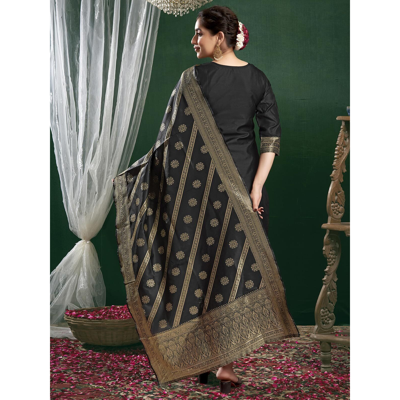 Sanisa Women's Silk Blend Jacquard Work Straight Kurta with Pant and Dupatta Set (217KBD2291NA-L_Black & Golden)