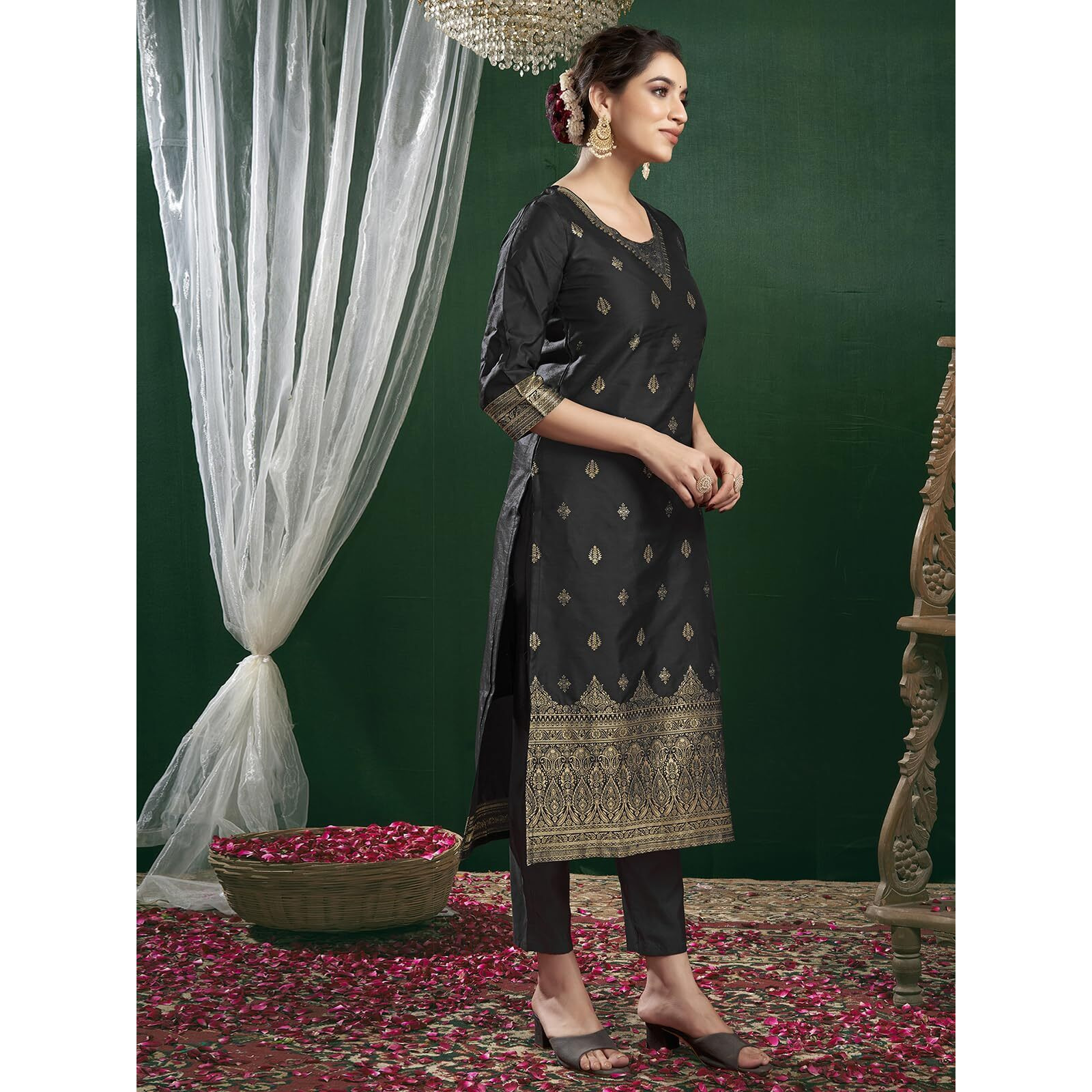 Sanisa Women's Silk Blend Jacquard Work Straight Kurta with Pant and Dupatta Set (217KBD2291NA-L_Black & Golden)