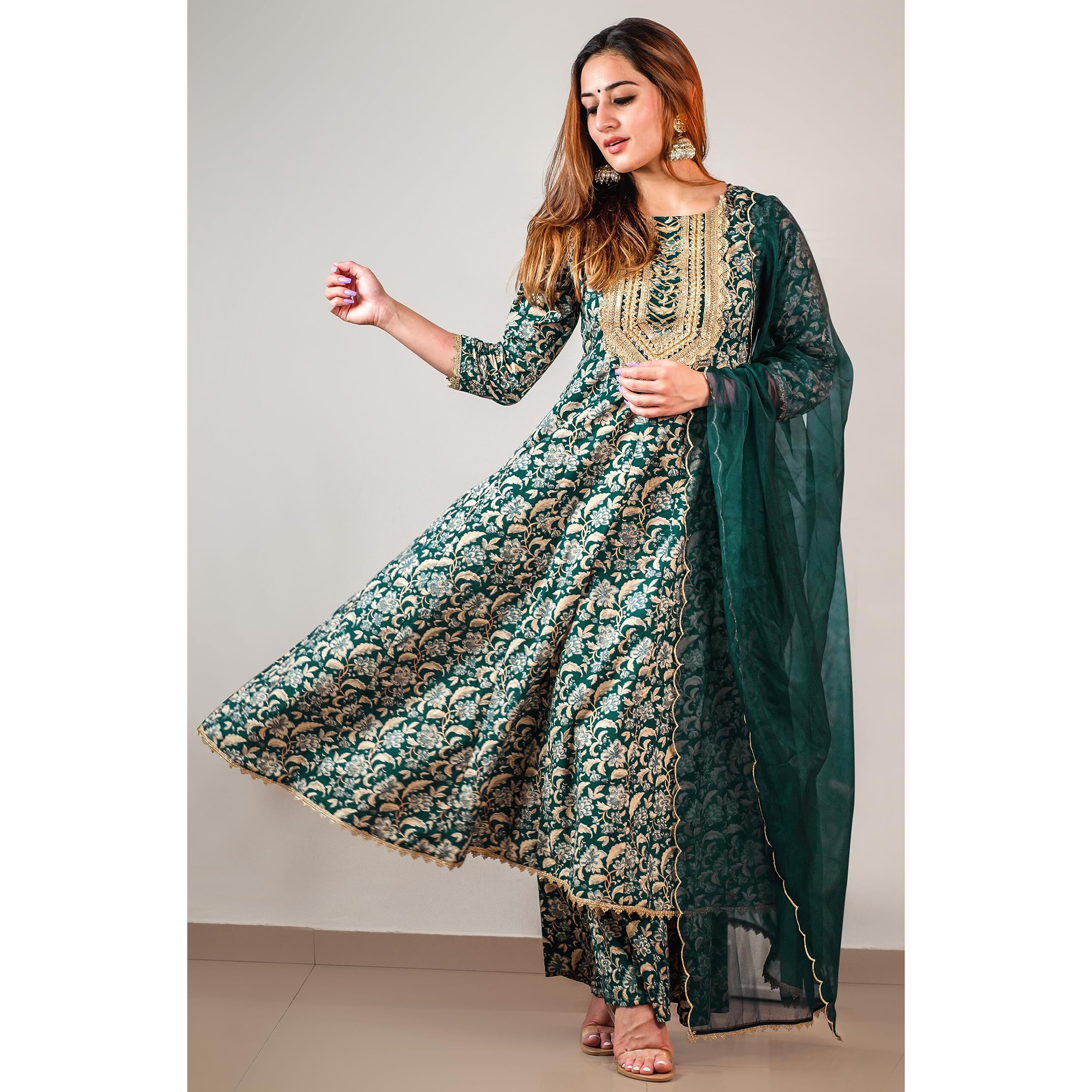 Janasya Women's Teal Cotton Foil Floral Printed Kurta with Palazzo and Dupatta(SET833-KR-PP-XS)