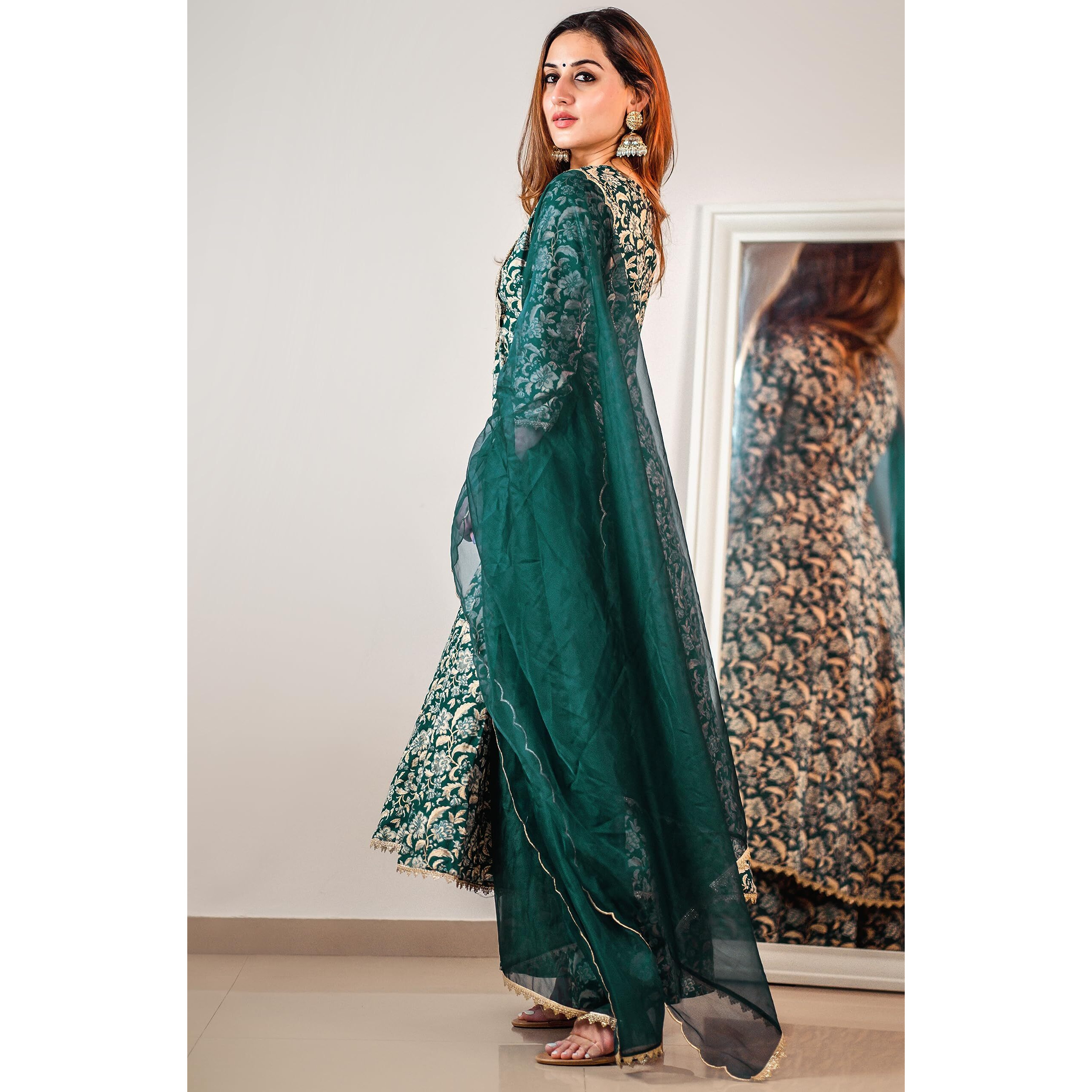 Janasya Women's Teal Cotton Foil Floral Printed Kurta with Palazzo and Dupatta(SET833-KR-PP-XS)