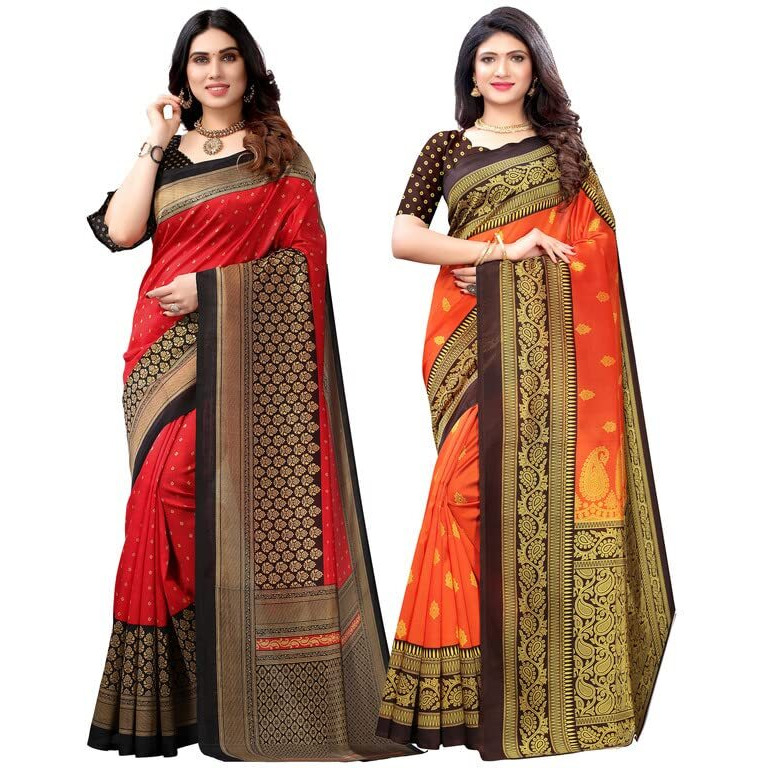 Satrani Women's Poly Silk | Poly Silk Saree Combo Pack Of 2 With Unstitched Blouse Piece (2535S935N_1694S128N_Red | Orange)