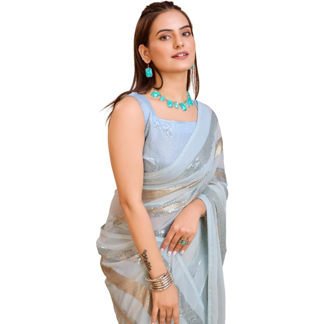 Ekasya Women Soft Georgette Sequence Striped Pattern Ready To Wear Saree With Unstitched Blouse (E2070) (Sky Blue)
