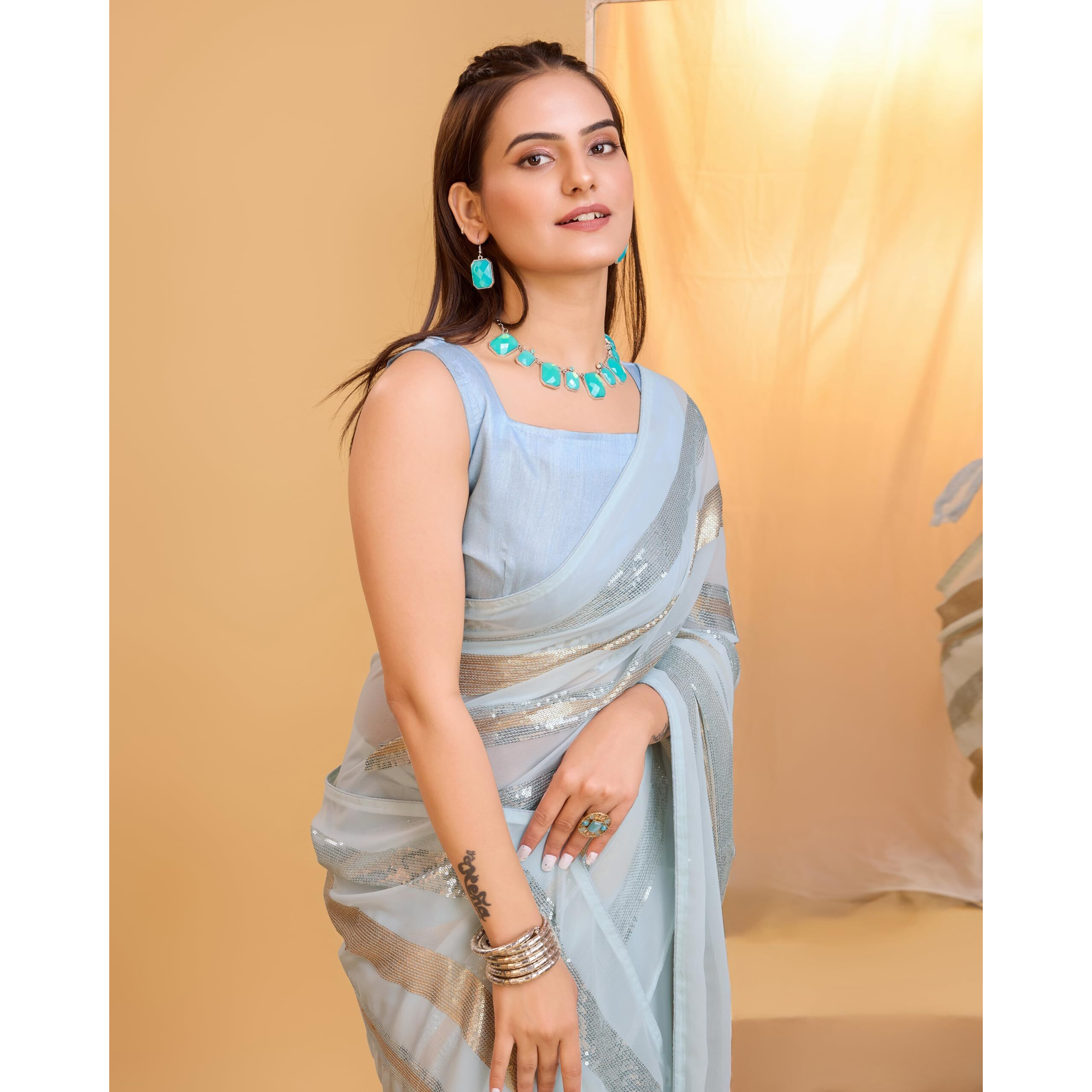 Ekasya Women Soft Georgette Sequence Striped Pattern Ready To Wear Saree With Unstitched Blouse (E2070) (Sky Blue)