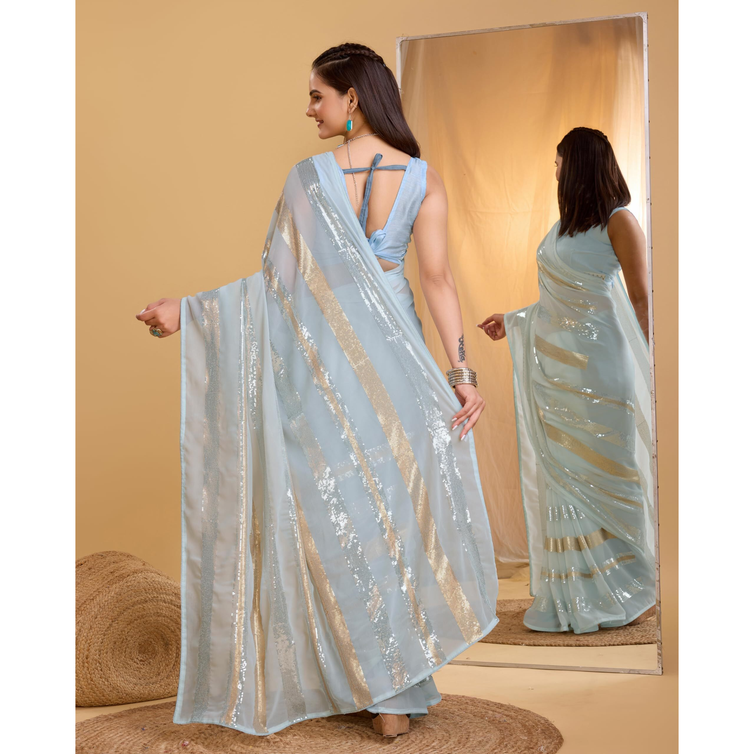 Ekasya Women Soft Georgette Sequence Striped Pattern Ready To Wear Saree With Unstitched Blouse (E2070) (Sky Blue)